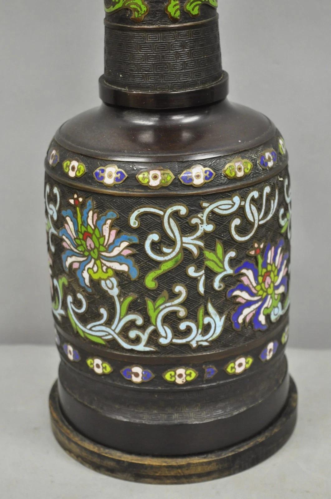 Antique Chinese Bronze Cloisonne Enameled Champleve Chinoiserie Table Lamp For Sale 3