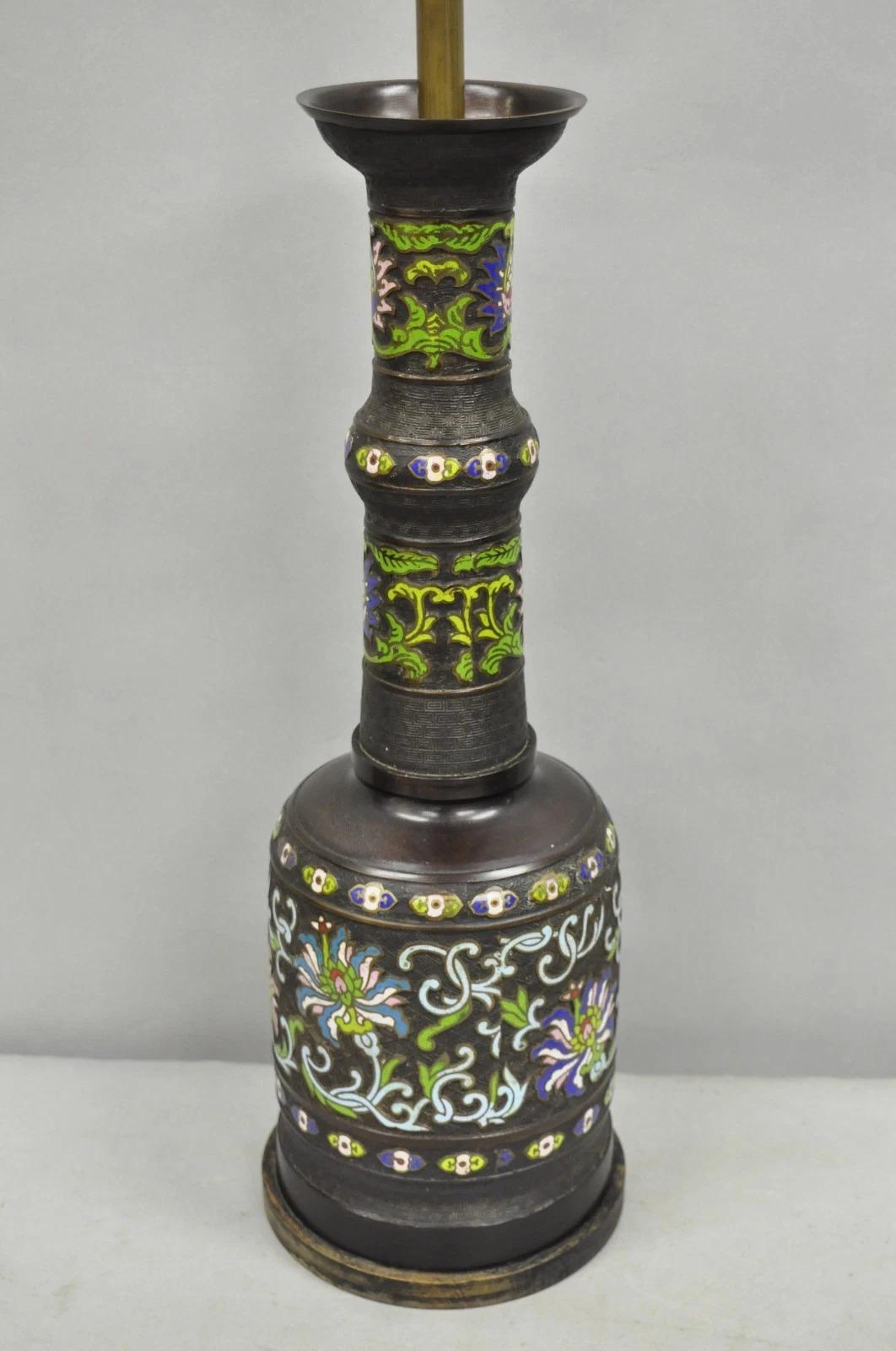 Antique Chinese Bronze Cloisonne Enameled Champleve Chinoiserie Table Lamp For Sale 4