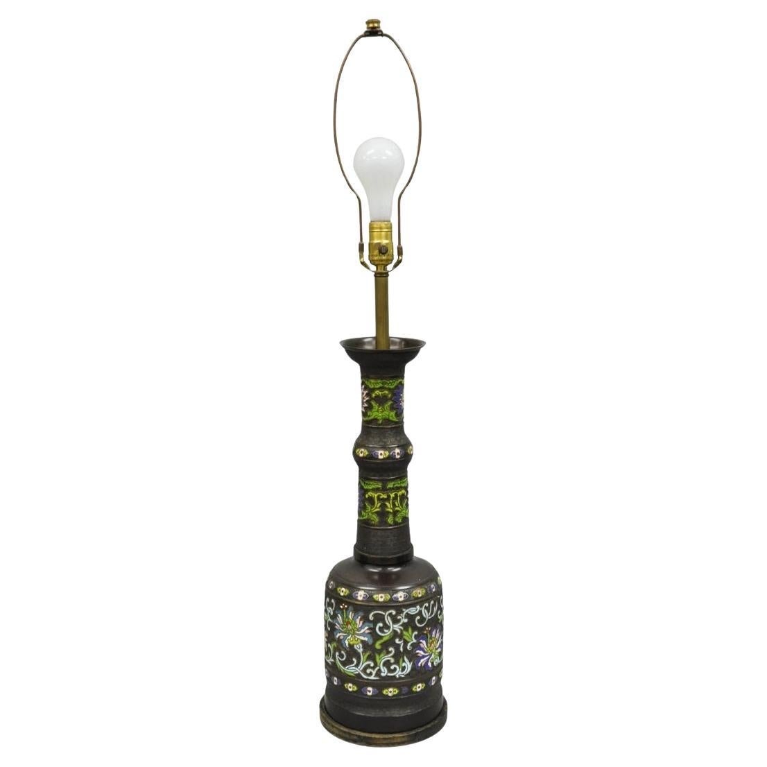 Antique Chinese Bronze Cloisonne Enameled Champleve Chinoiserie Table Lamp For Sale