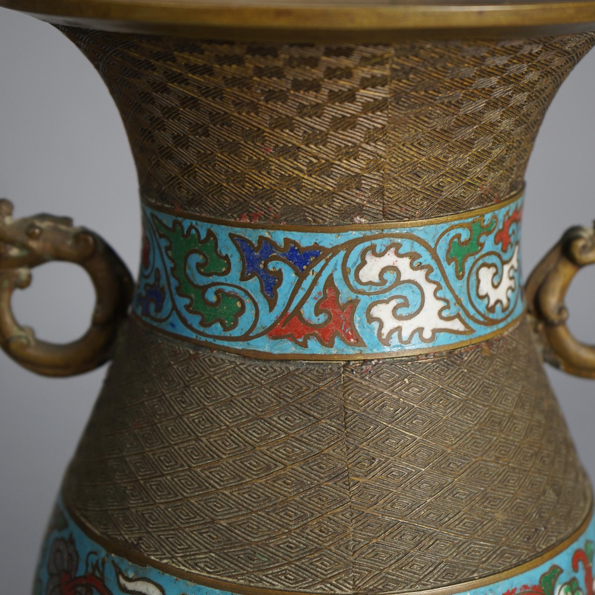 Antique Chinese Bronze Cloisonne Enameled Double Handled Vase C1910 In Good Condition For Sale In Big Flats, NY