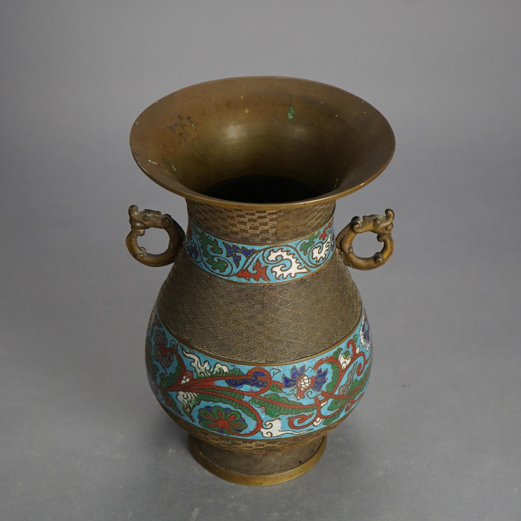 Antique Chinese Bronze Cloisonne Enameled Double Handled Vase C1910 For Sale 2
