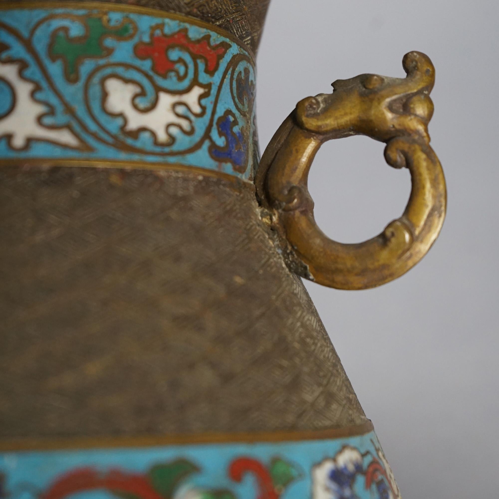 Antique Chinese Bronze Cloisonne Enameled Double Handled Vase C1910 For Sale 4
