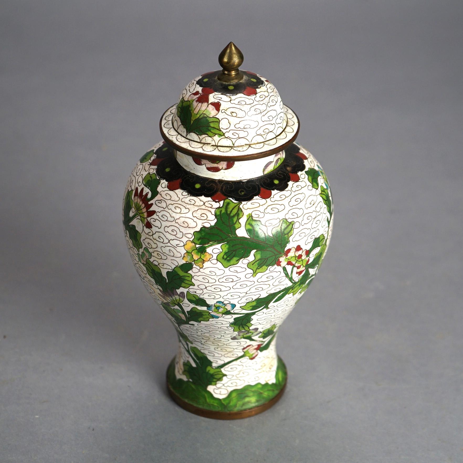 Antique Chinese Bronze Cloisonne Enameled Lidded Urn with Flowers C1920 In Good Condition For Sale In Big Flats, NY