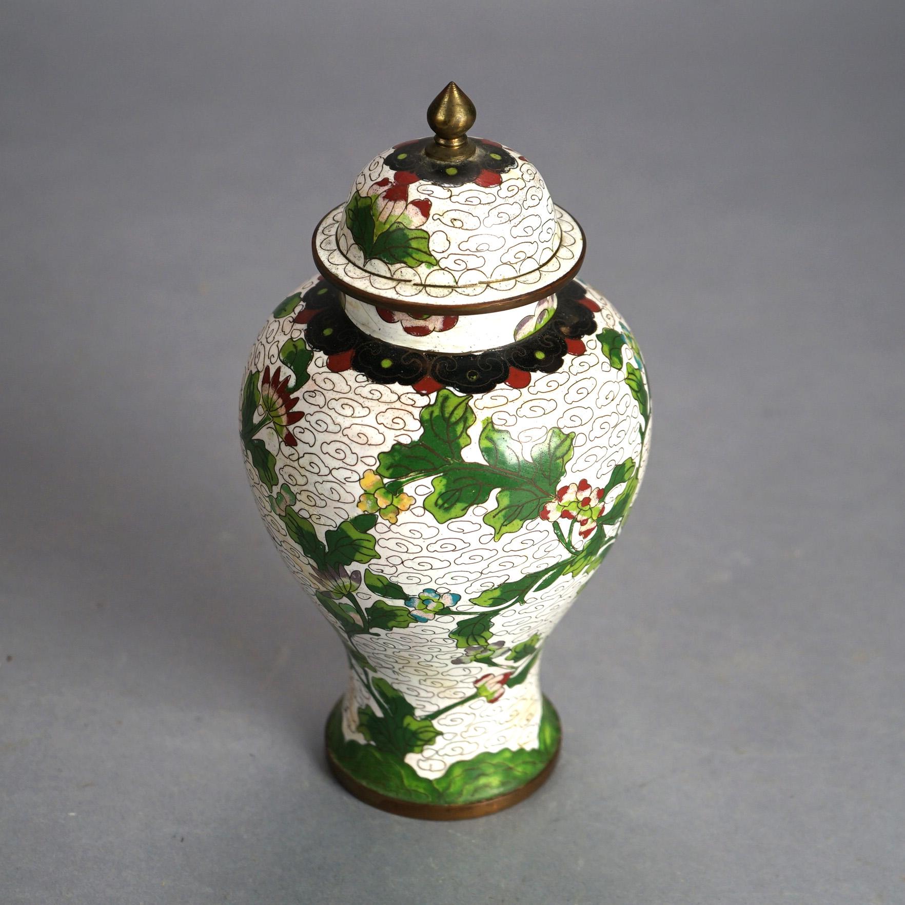 Antique Chinese Bronze Cloisonne Enameled Lidded Urn with Flowers C1920 In Good Condition In Big Flats, NY