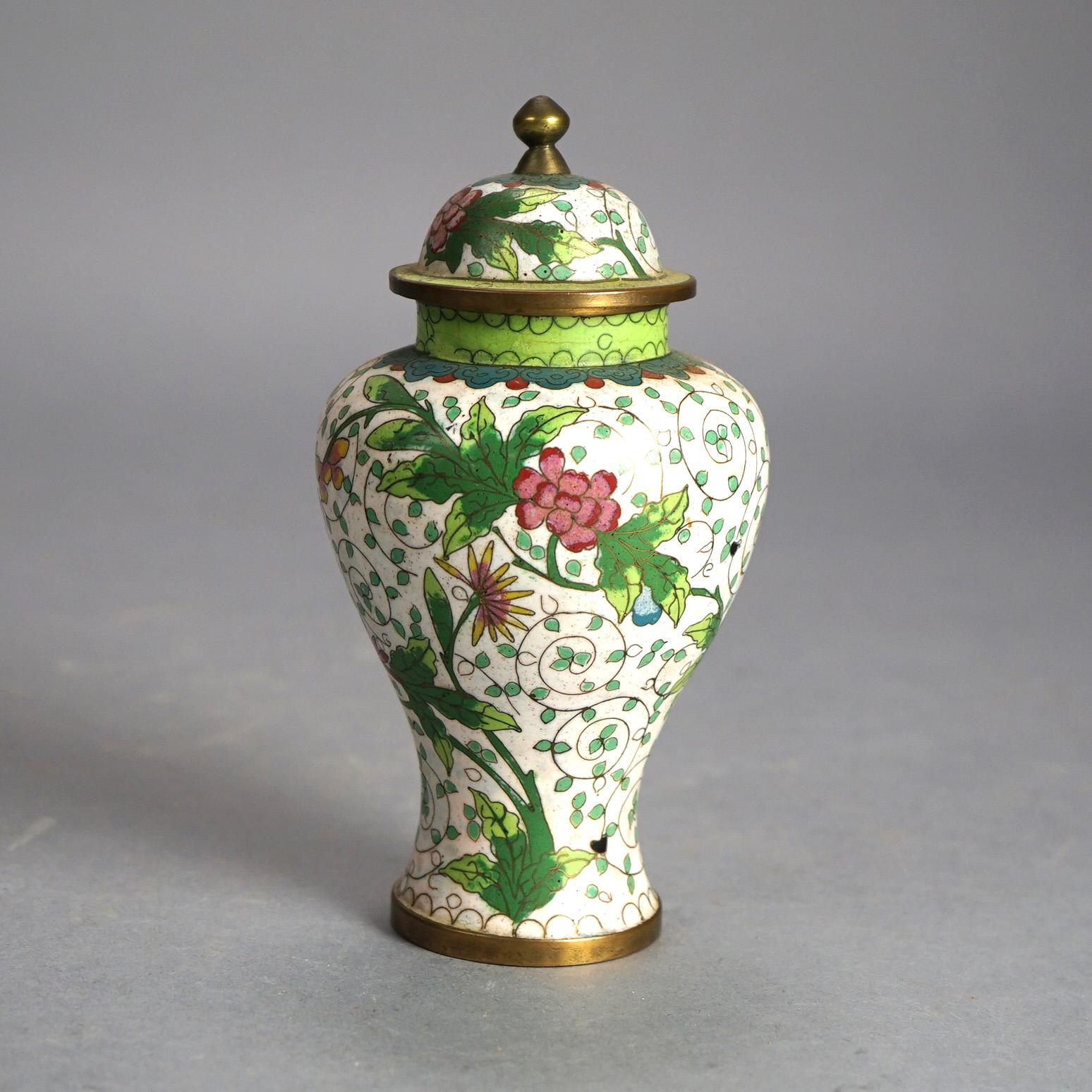 20th Century Antique Chinese Bronze Cloisonne Enameled Lidded Urn with Flowers C1920 For Sale