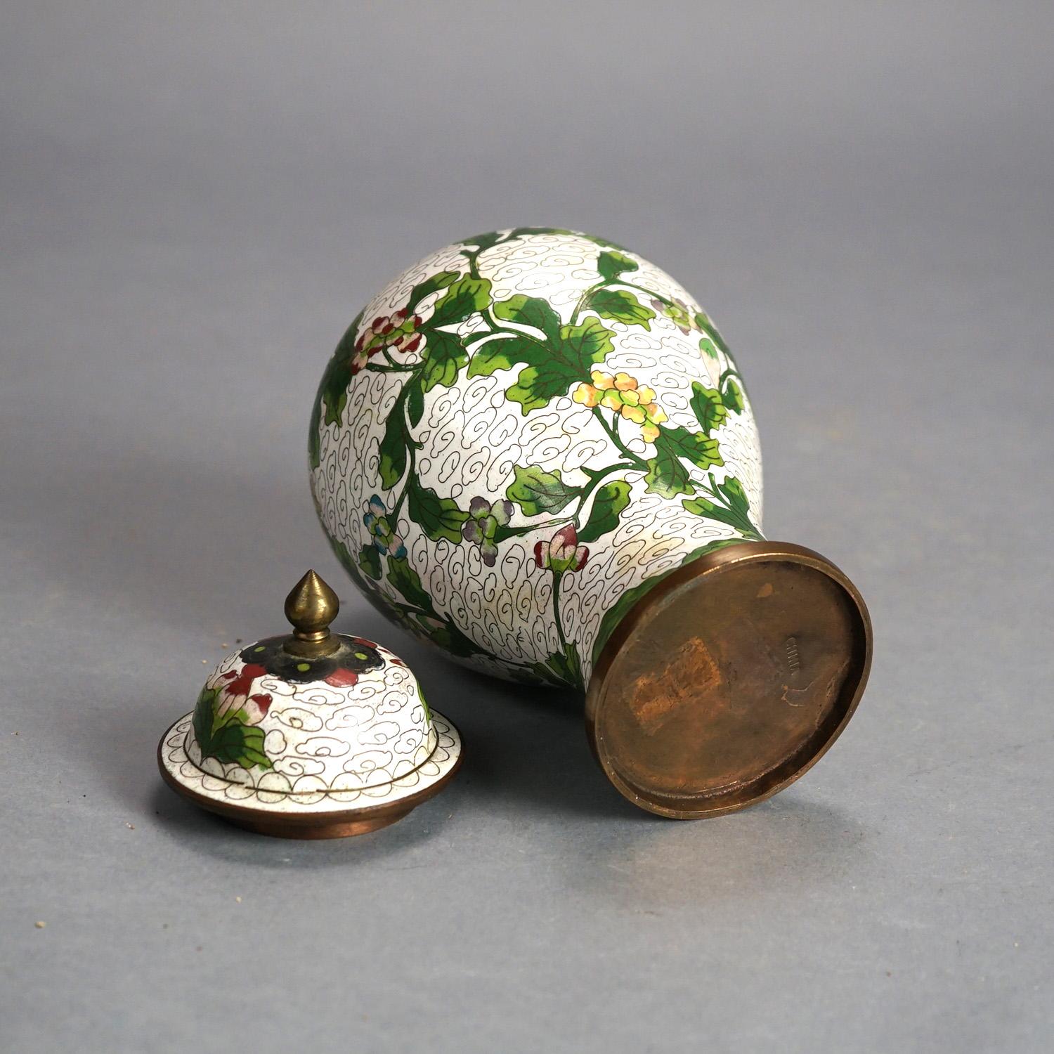 Antique Chinese Bronze Cloisonne Enameled Lidded Urn with Flowers C1920 1