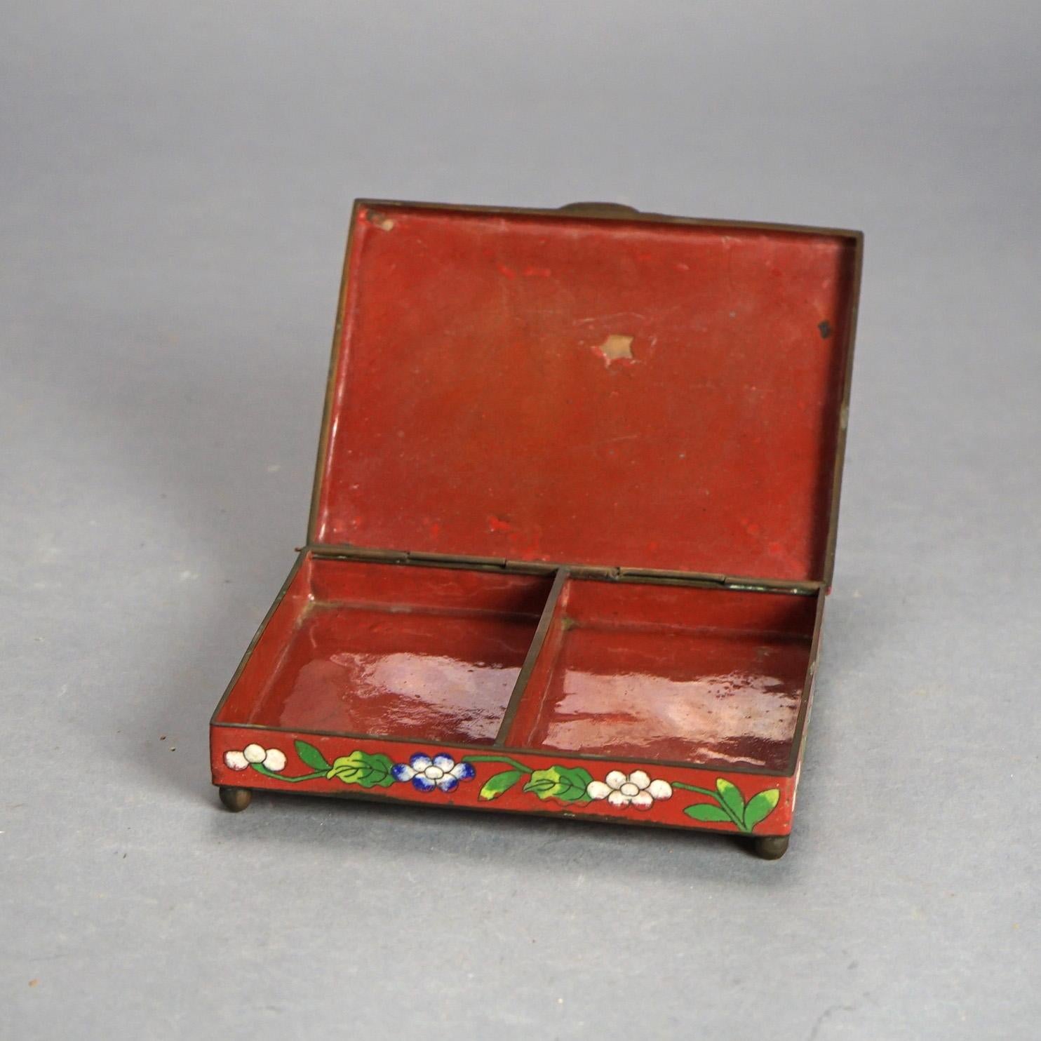 Antike chinesische Bronze Cloisonne Floral emailliert & Fuß Zigarren-Box mit geteilten Innenraum C1920

Maße - 1,5 