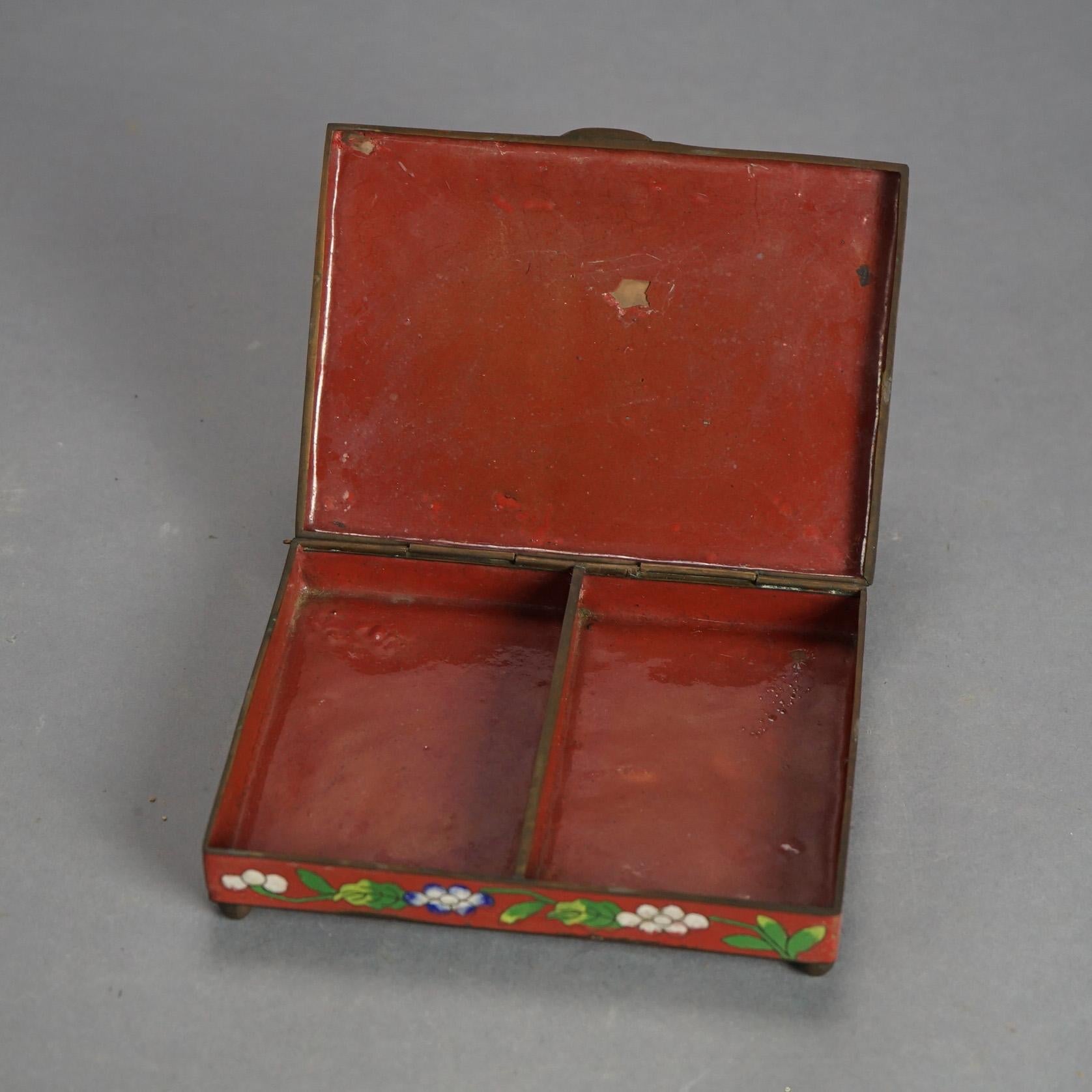 Antique Chinese Bronze Cloisonne Floral Enameled & Footed Cigar Box C1920 In Good Condition For Sale In Big Flats, NY