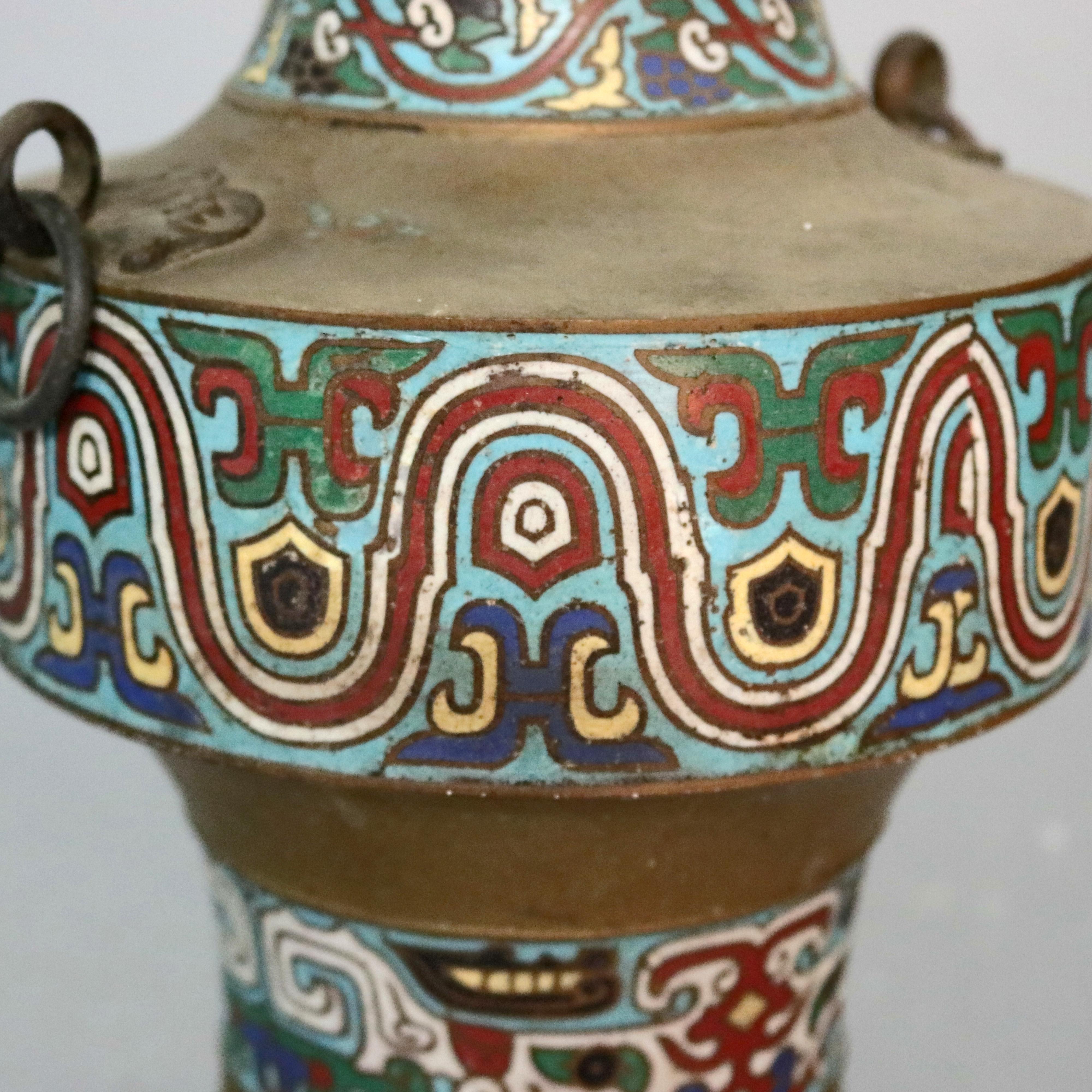 Enameled Antique Chinese Bronze and Cloisonne Stylized Foliate Hand Enamelled Vase