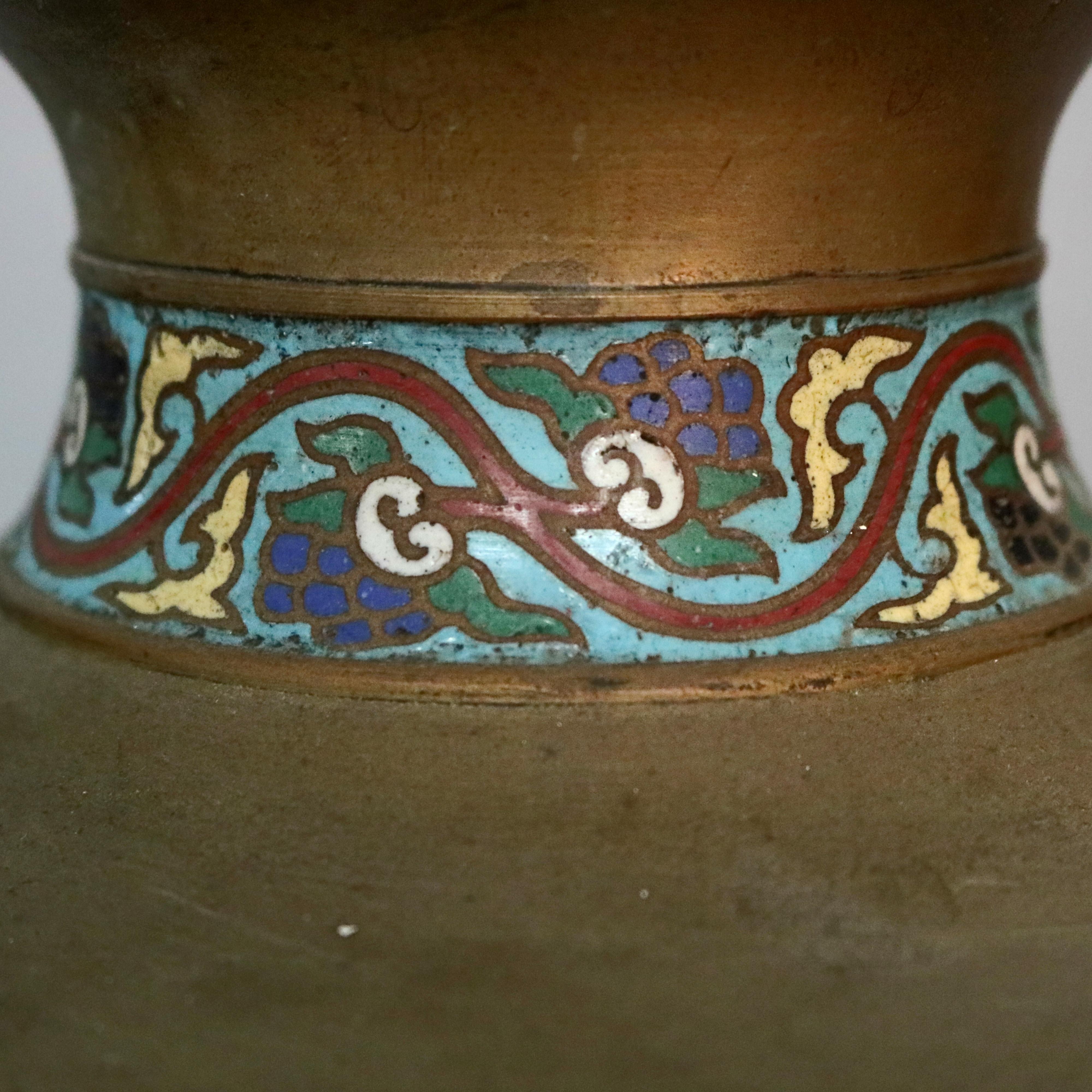 20th Century Antique Chinese Bronze and Cloisonne Stylized Foliate Hand Enamelled Vase