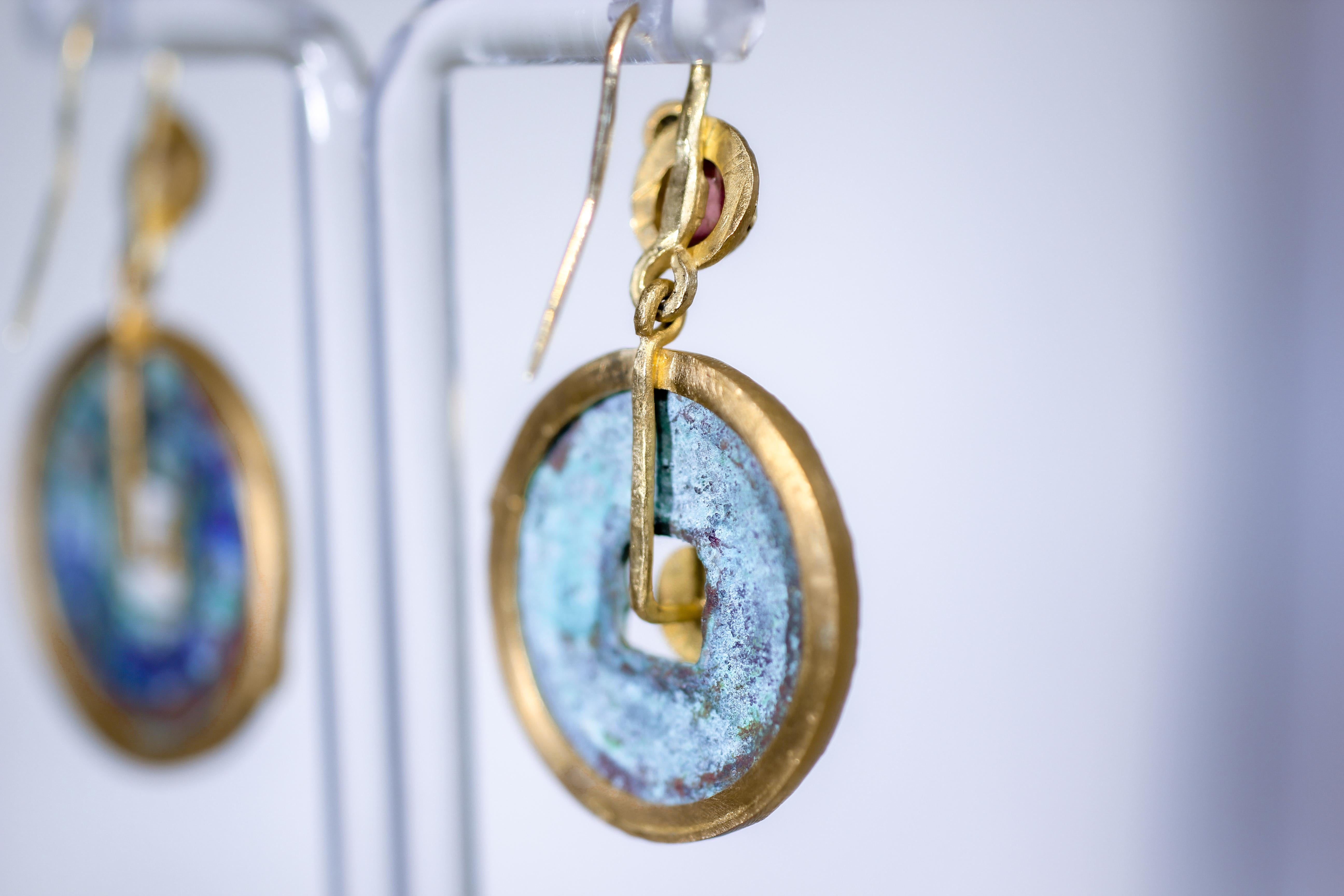 Antique Chinese Bronze Coin Tourmaline Diamond 21-22k Gold Dangle Drop Earrings 3