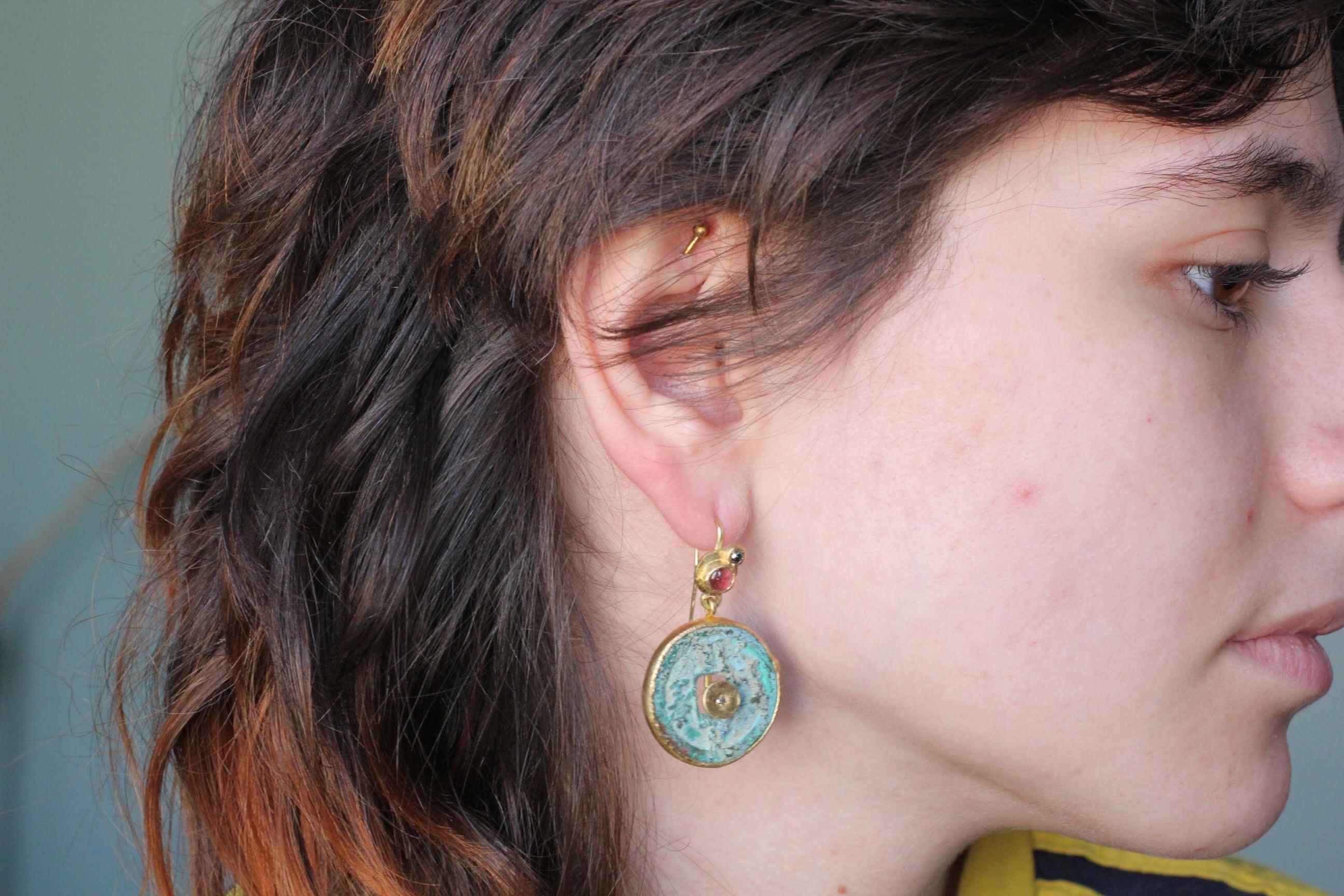 Antique Chinese Bronze Coin Tourmaline Diamond 21-22k Gold Dangle Drop Earrings 7