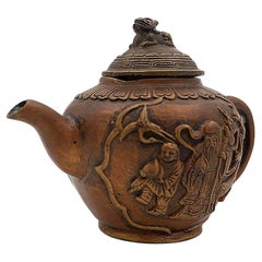 Antique Chinese Bronze Daoist Figure on Small Teapot - 1930s