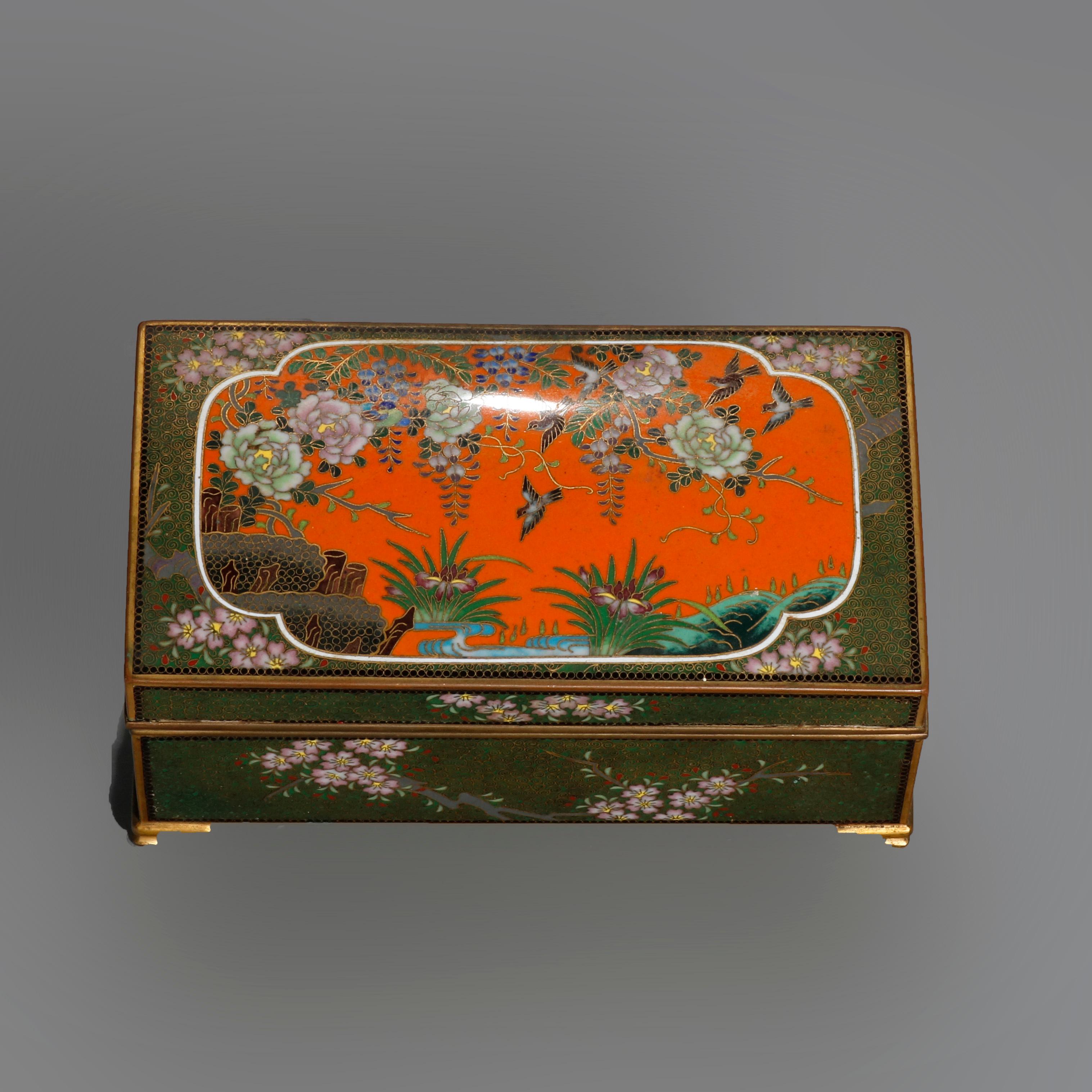 An antique Chinese dresser trinket box offers bronze construction with domed lid and Cloisonne enameled garden decoration having flowers and butterfly, circa 1900

Measures- 2.75