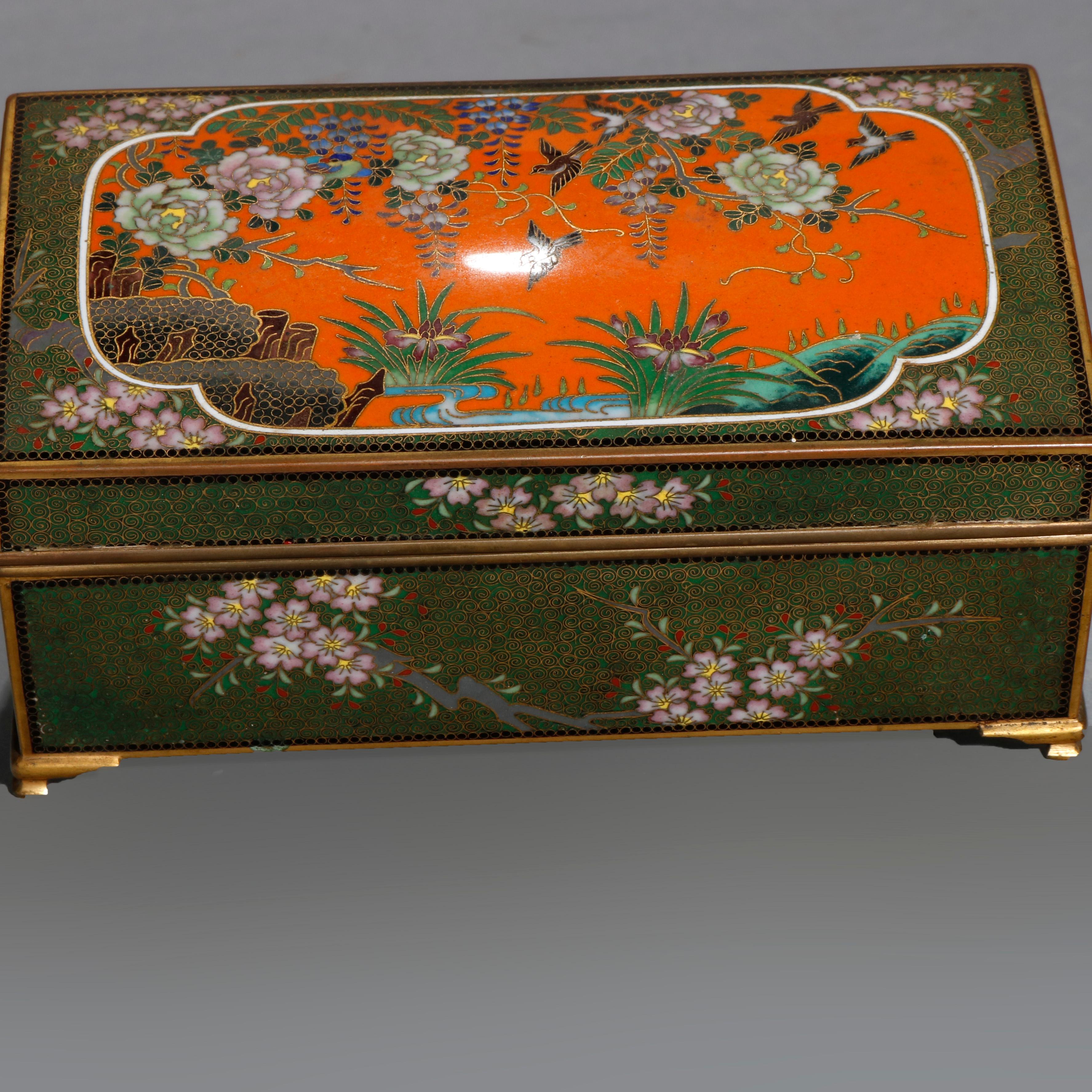 Antique Chinese Bronze Floral Garden Cloisonne Enameled Box, circa 1900 In Good Condition In Big Flats, NY