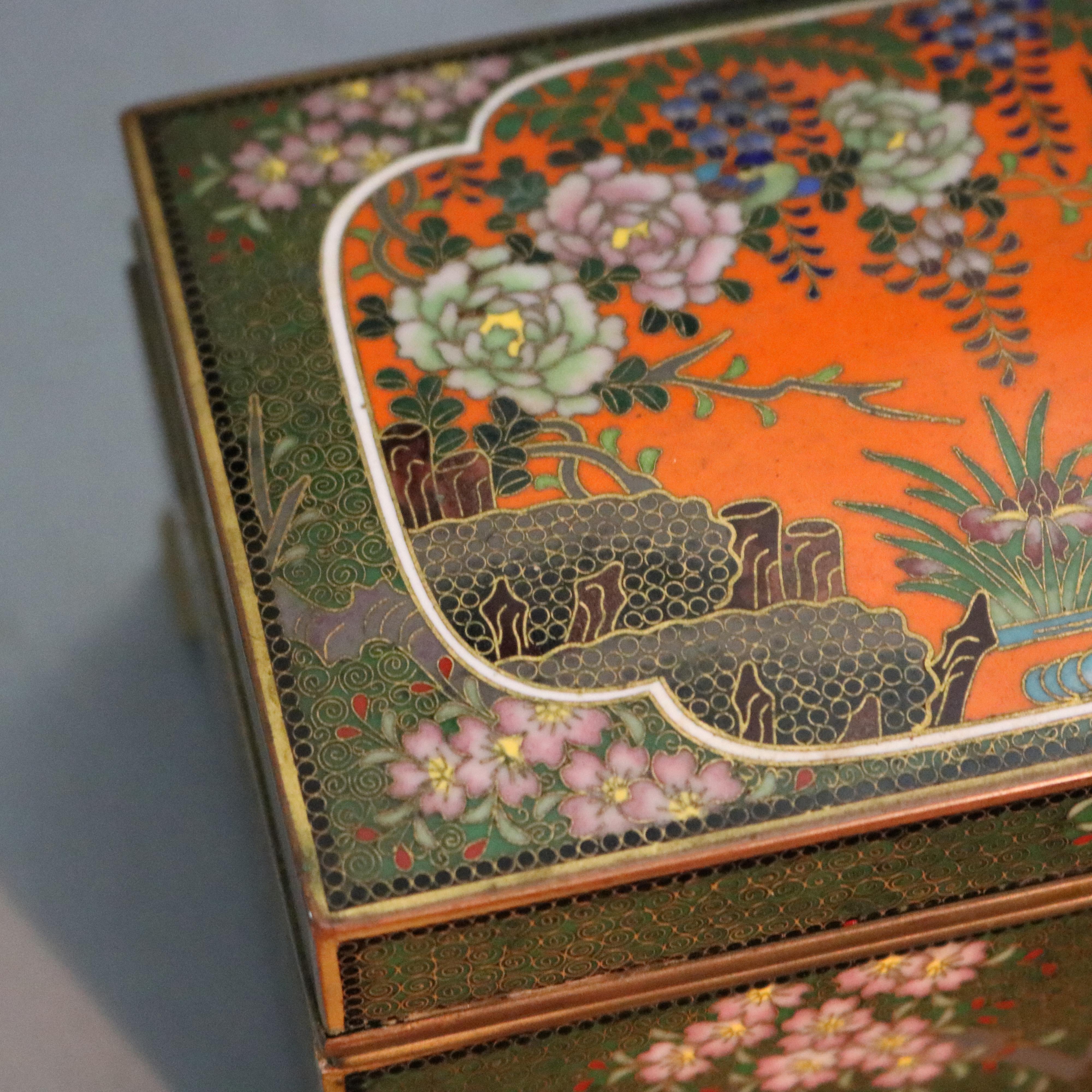 20th Century Antique Chinese Bronze Floral Garden Cloisonne Enameled Box, circa 1900