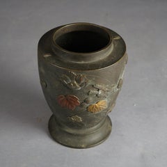Antique Chinese Bronze & Mixed Metal Embossed Vase with Birds & Flowers, 19thC