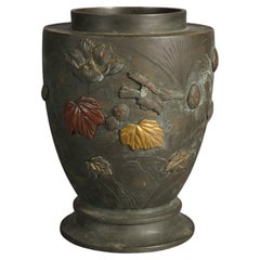 Antique Chinese Bronze & Mixed Metal Embossed Vase with Birds & Flowers, 19thC