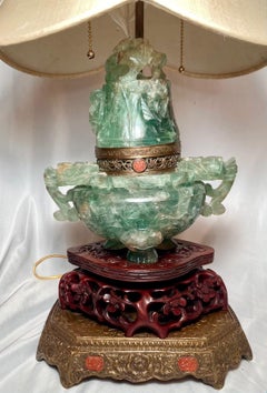Antique Chinese Bronze Mounted Carved Jade Quartz Lamp with Teakwood, Circa 1910