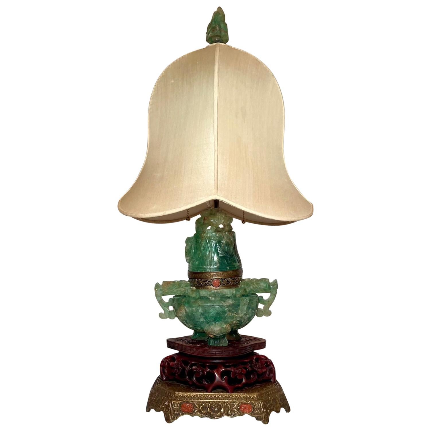 Antique Chinese Bronze Mounted Carved Jade Quartz Lamp with Teakwood, Circa 1910 For Sale