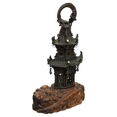 Antique Chinese Bronze Pagoda Form Sensor with Carved Wood Base C1920