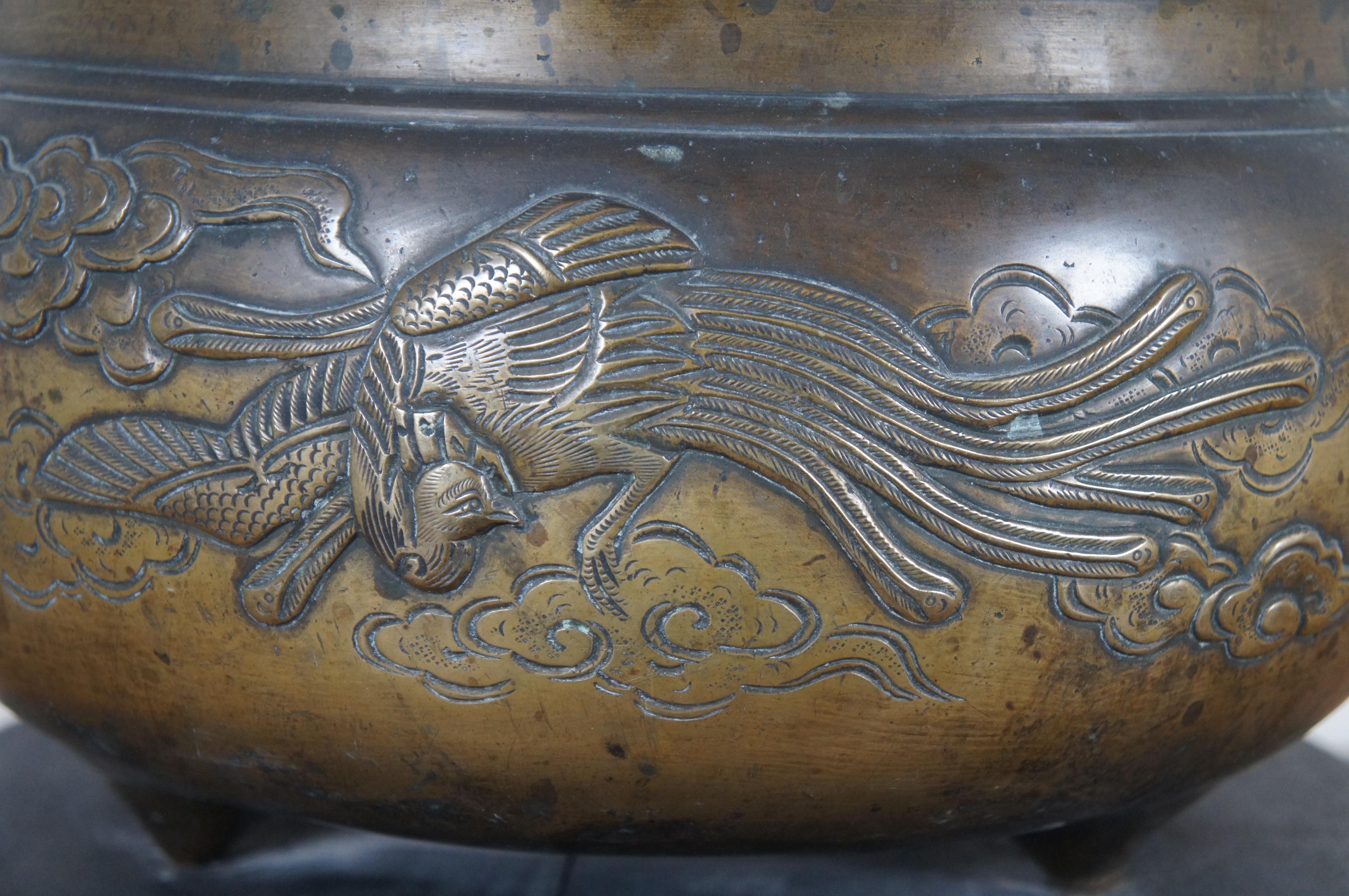 Antique Chinese Bronze Phoenix Dragon Tropod Censer Bowl Incense Burner 17
