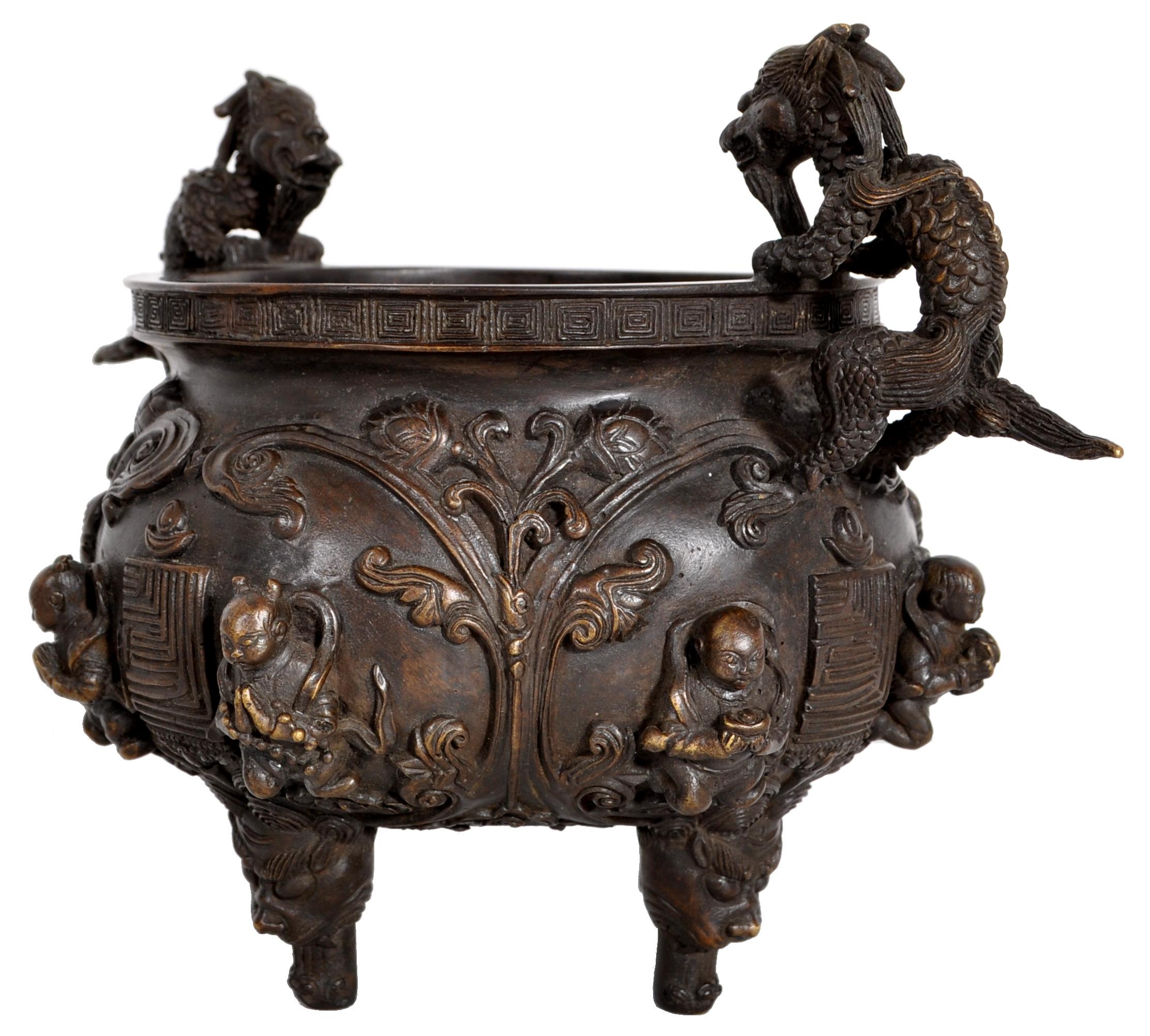 Archaistic Antique Chinese Bronze Qing Dynasty Dragon Censer Incense Burner Buddhistic 1800