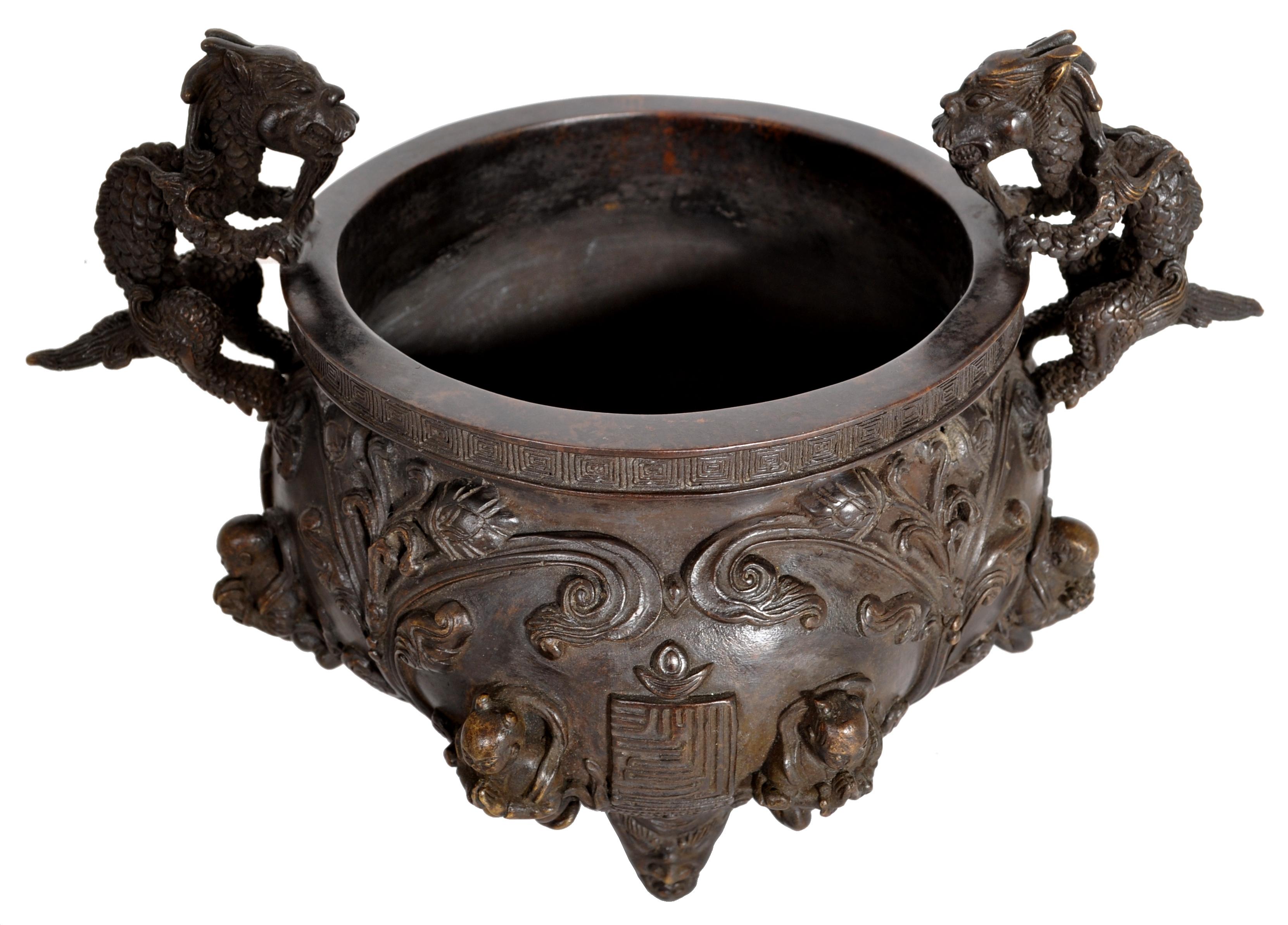Antique Chinese Bronze Qing Dynasty Dragon Censer Incense Burner Buddhistic 1800 In Good Condition In Portland, OR