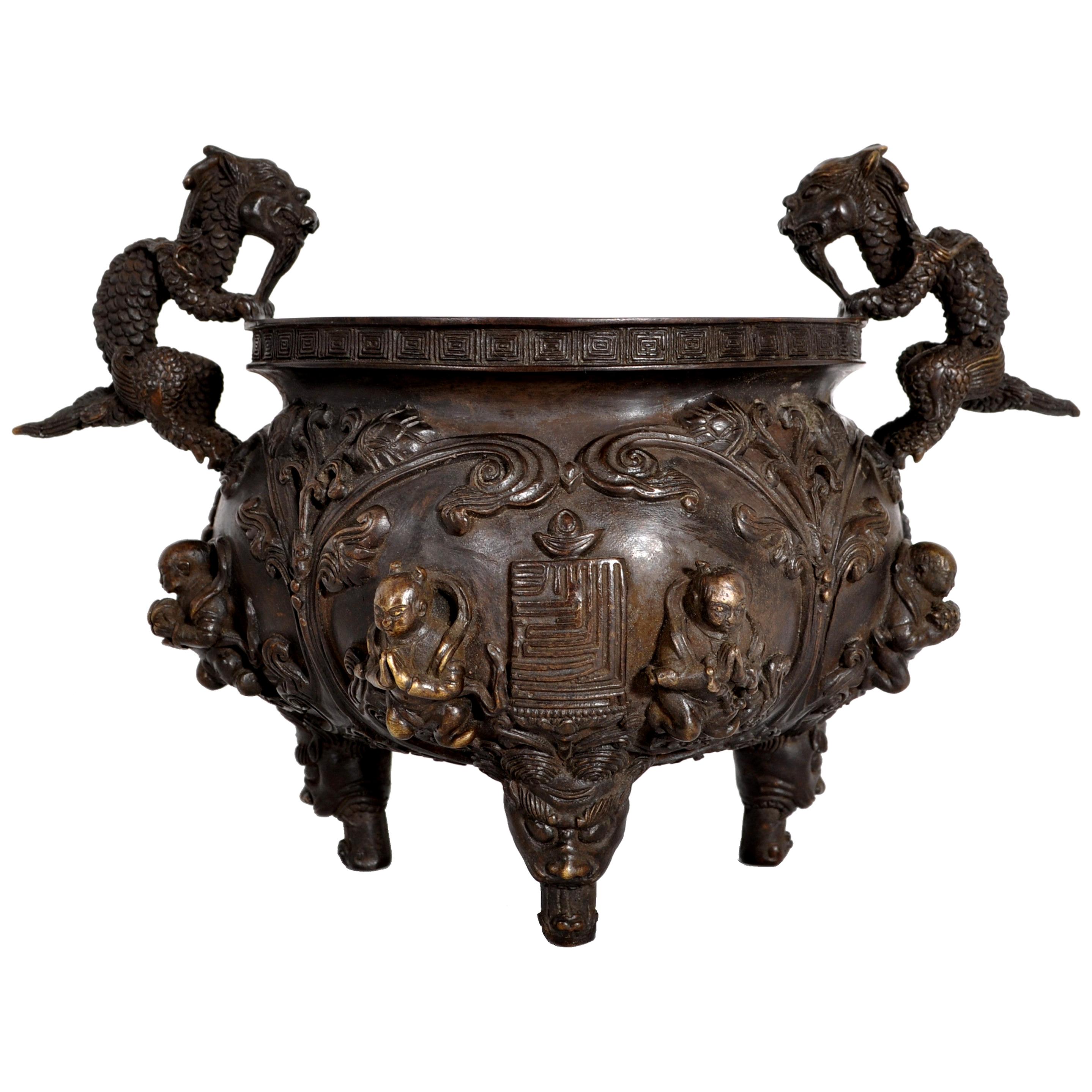 Antique Chinese Bronze Qing Dynasty Dragon Censer Incense Burner Buddhistic 1800