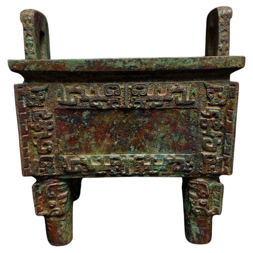 Antique Chinese Bronze Square Pot Ding  For Sale