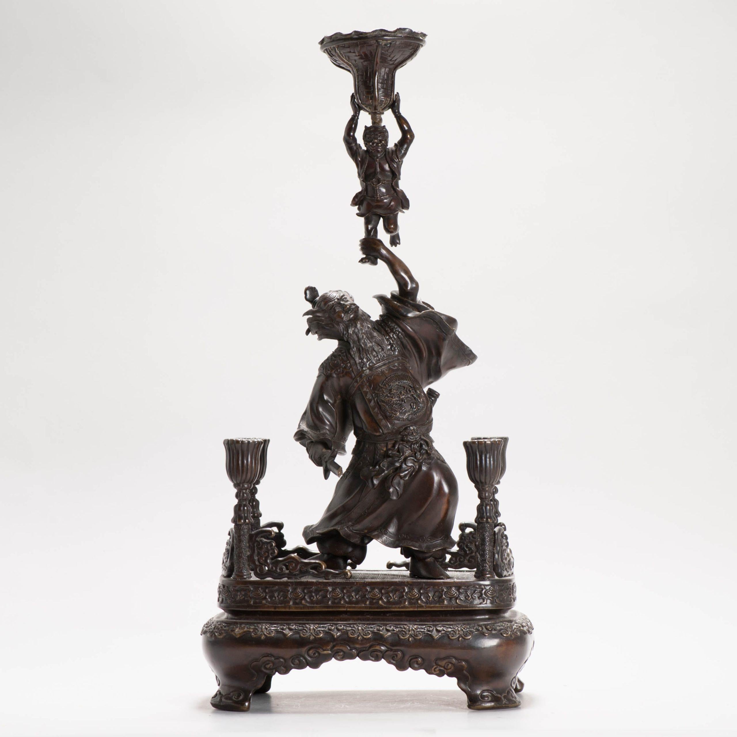 Qing Antique Chinese Bronze Statue Candle Holder China Zhong Kui and Child 19C For Sale