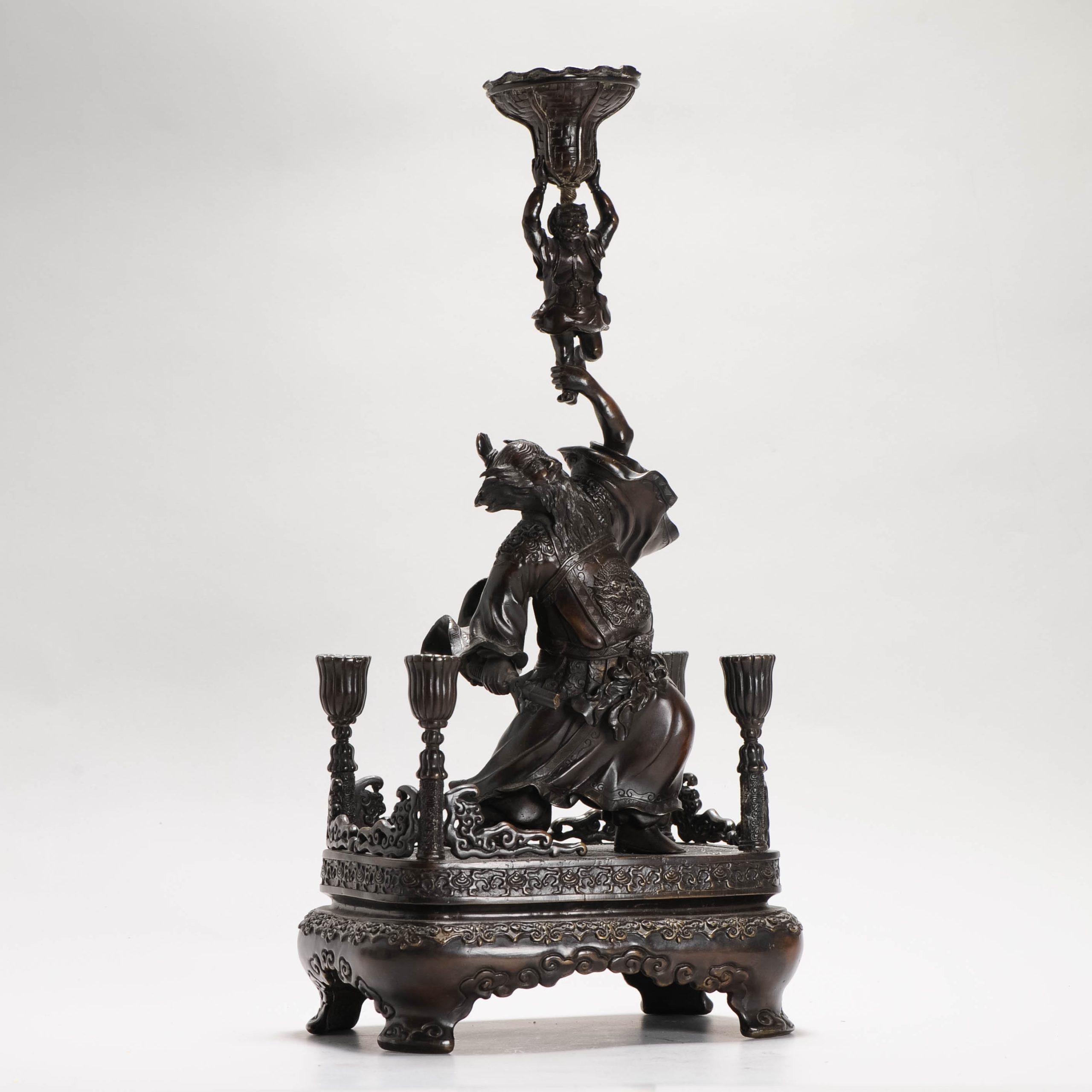 19th Century Antique Chinese Bronze Statue Candle Holder China Zhong Kui and Child 19C For Sale