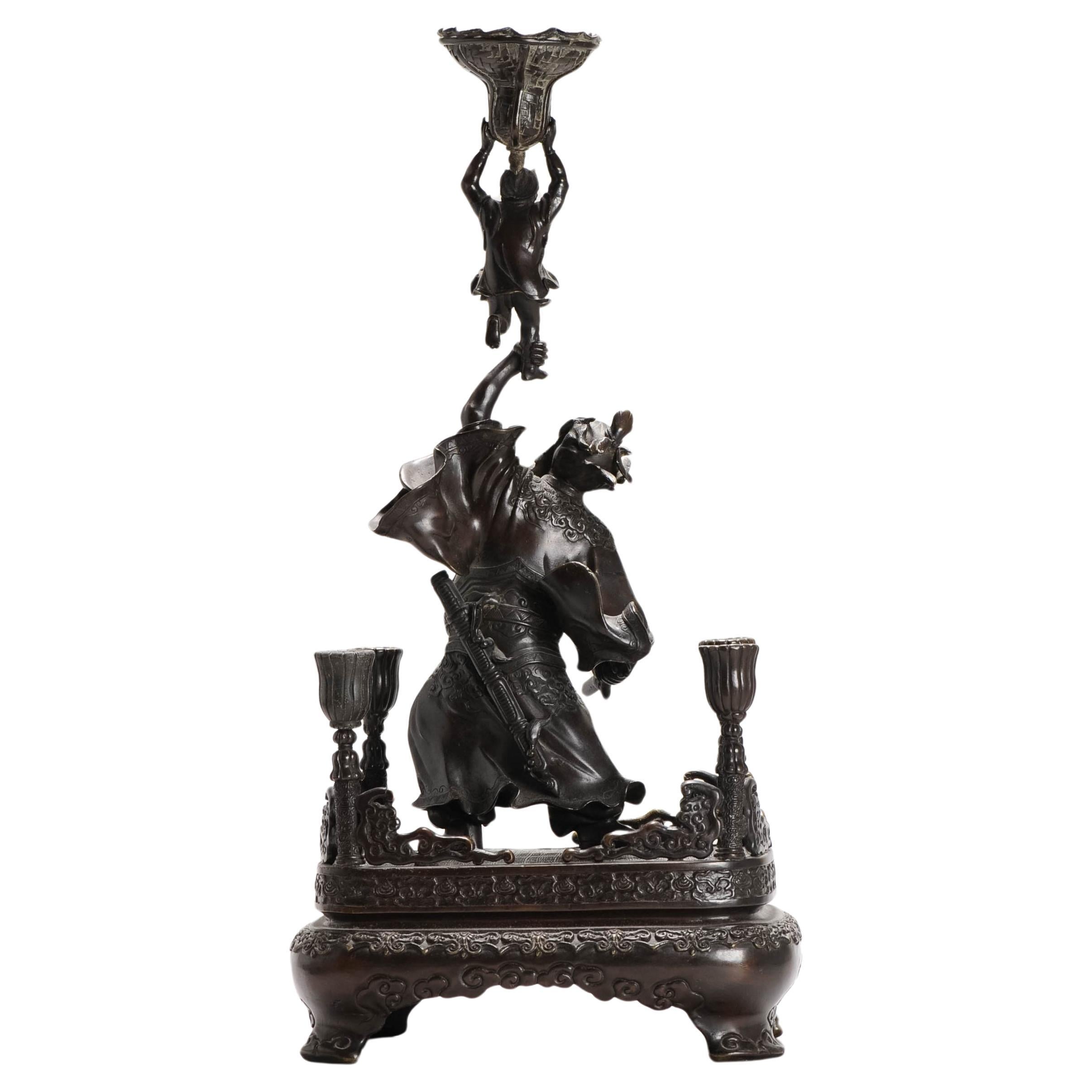 Antique Chinese Bronze Statue Candle Holder China Zhong Kui and Child 19C For Sale