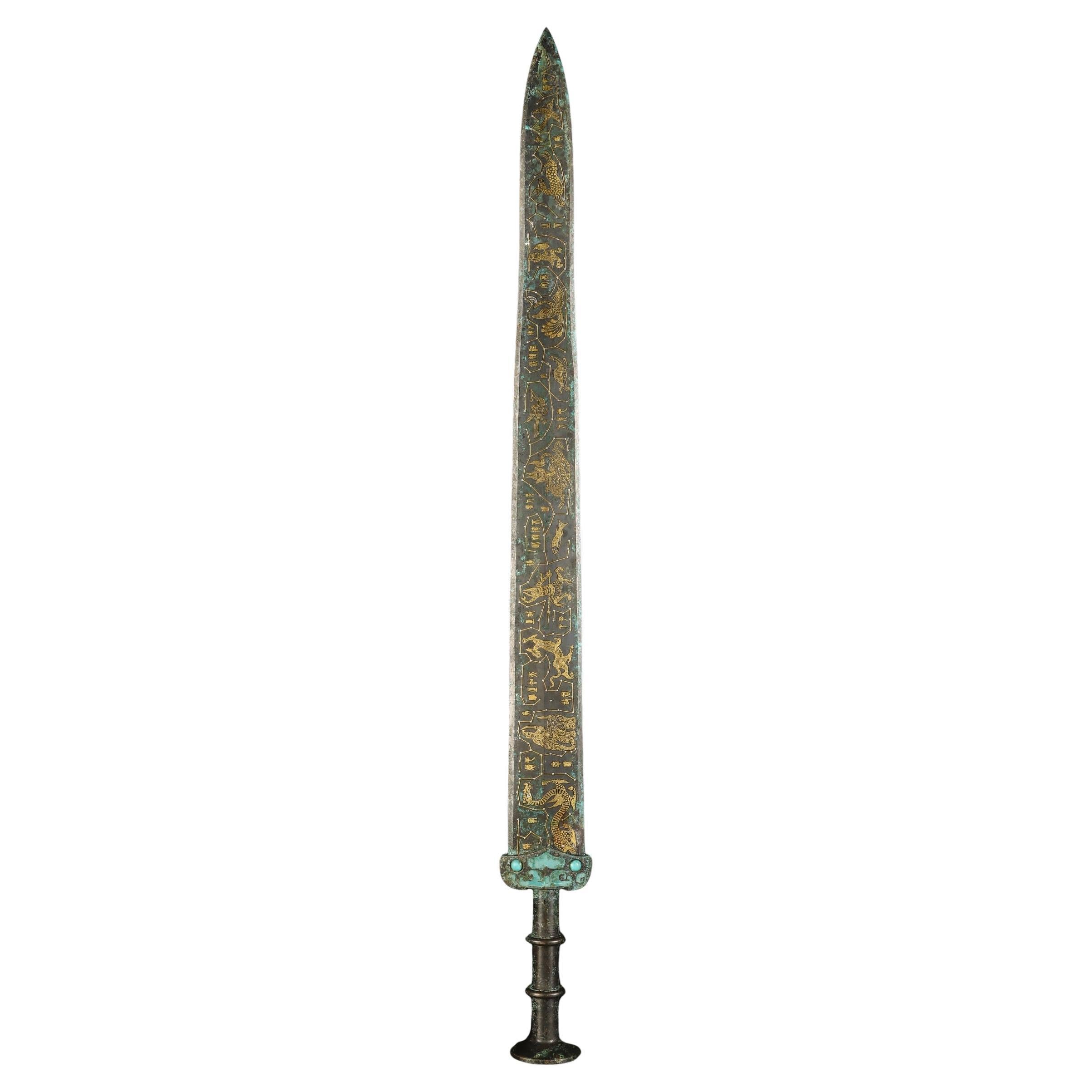 Old Chinese Bronze Sword with Characters and Old Patterns
