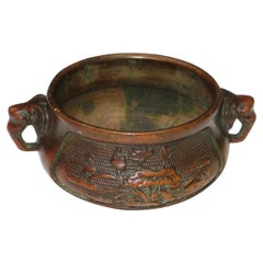 Antique Chinese Bronze Treasure Bowl w/ Elephant Heads