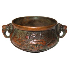 Antique Chinese Bronze Treasure Bowl w/ Elephant Heads