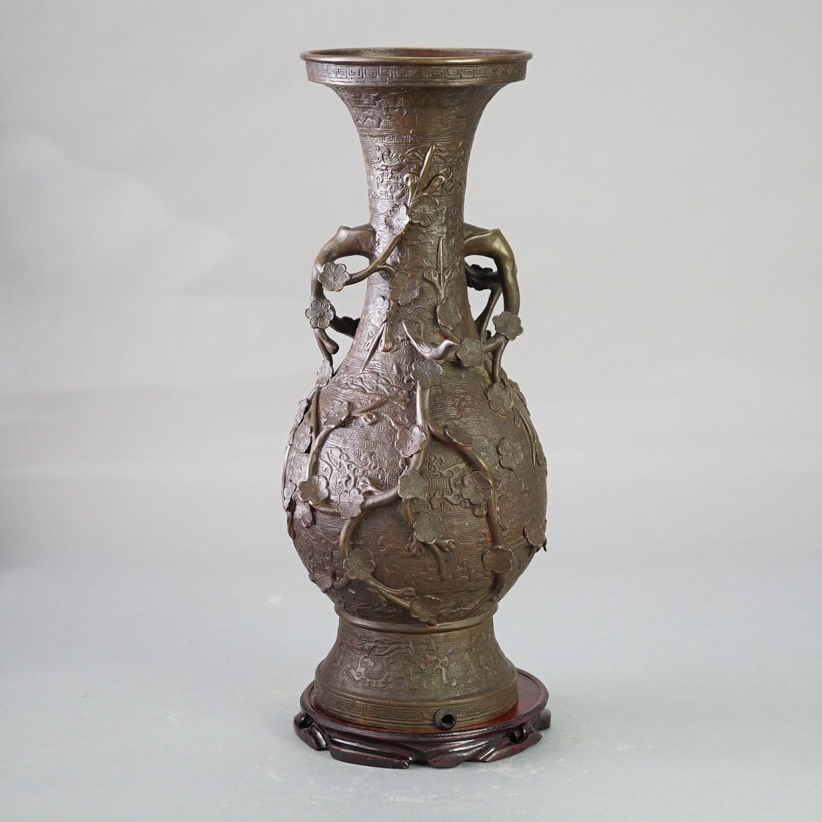 Asian Antique Chinese Bronze Vase with Floral Decorations on Wooden Stand C1890 For Sale