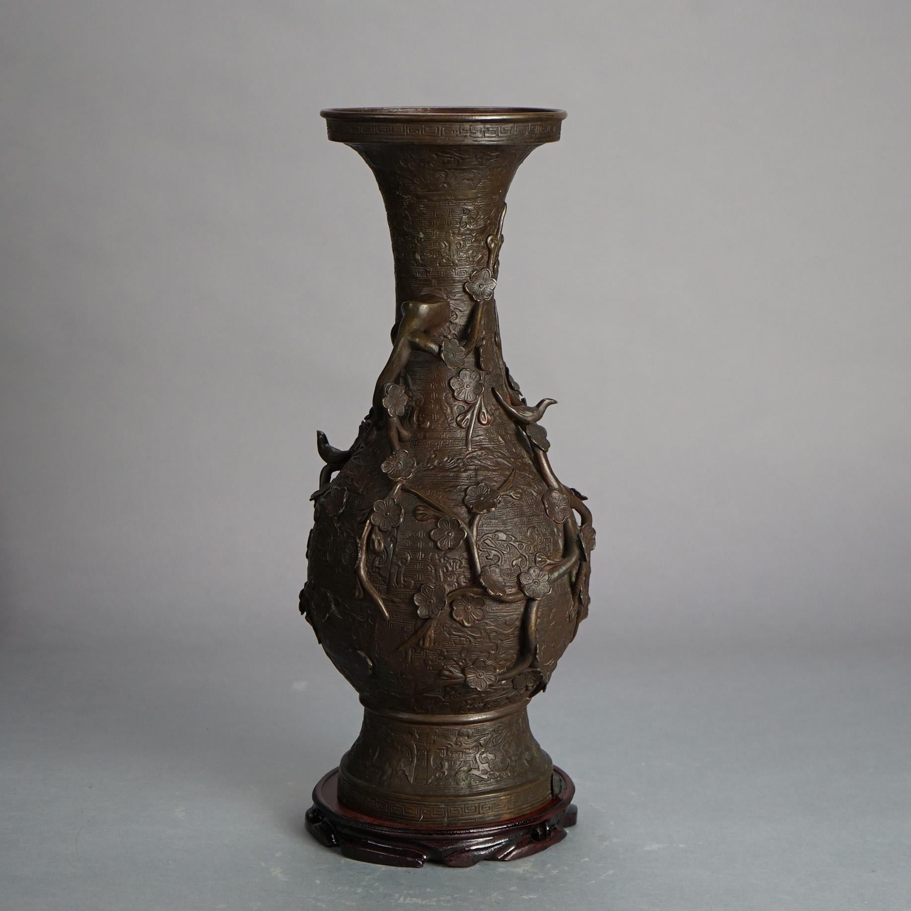 19th Century Antique Chinese Bronze Vase with Floral Decorations on Wooden Stand C1890 For Sale