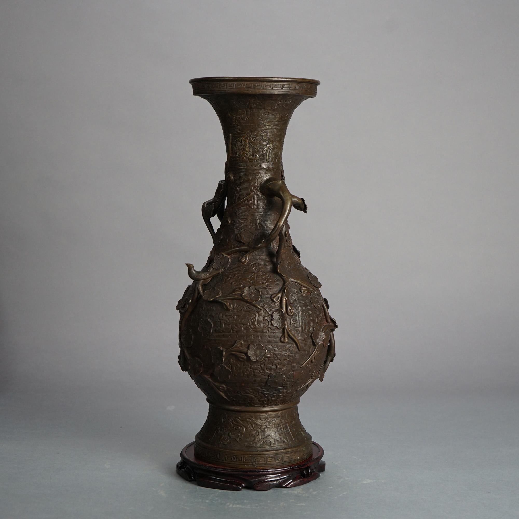 Antique Chinese Bronze Vase with Floral Decorations on Wooden Stand C1890 For Sale 1