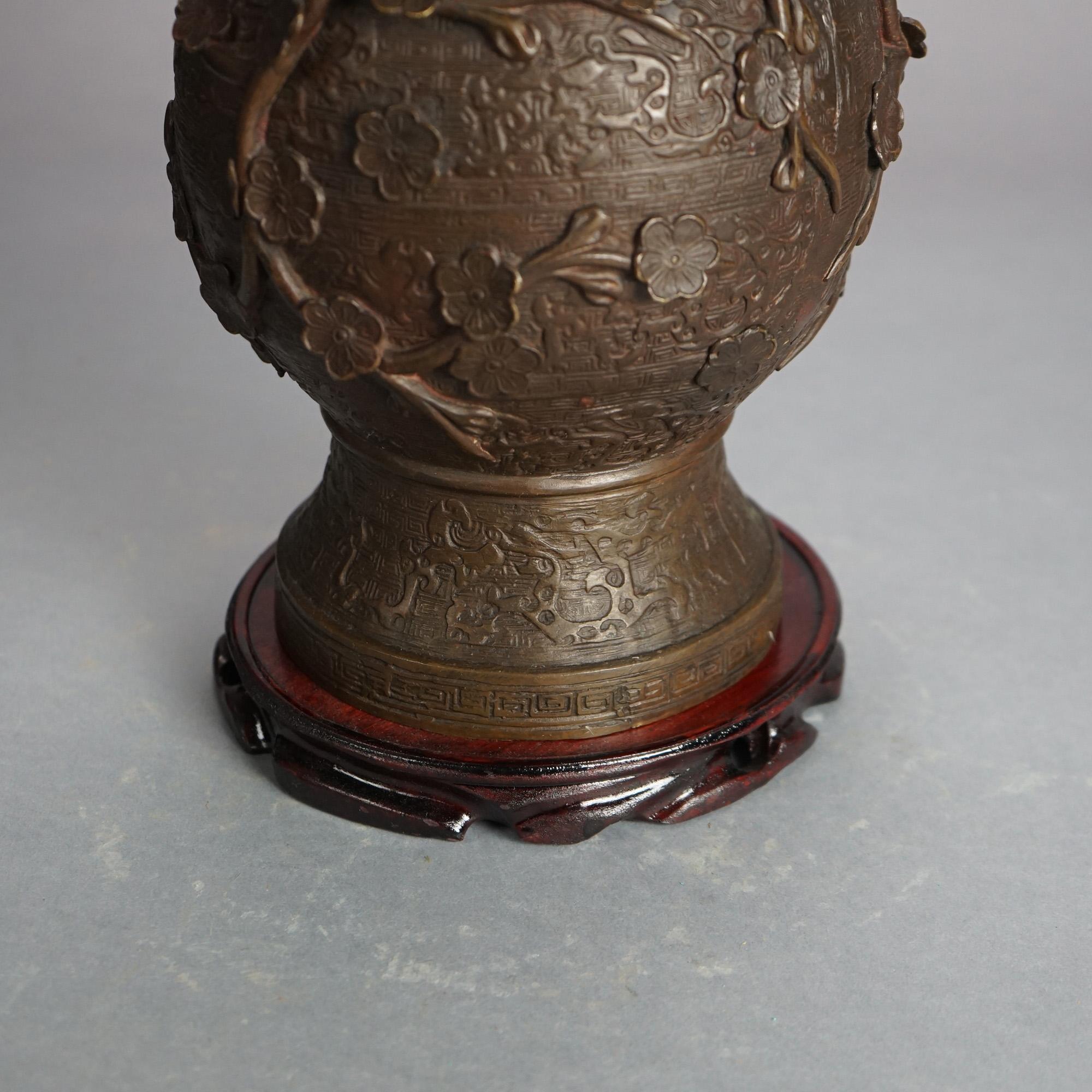 Antique Chinese Bronze Vase with Floral Decorations on Wooden Stand C1890 For Sale 3
