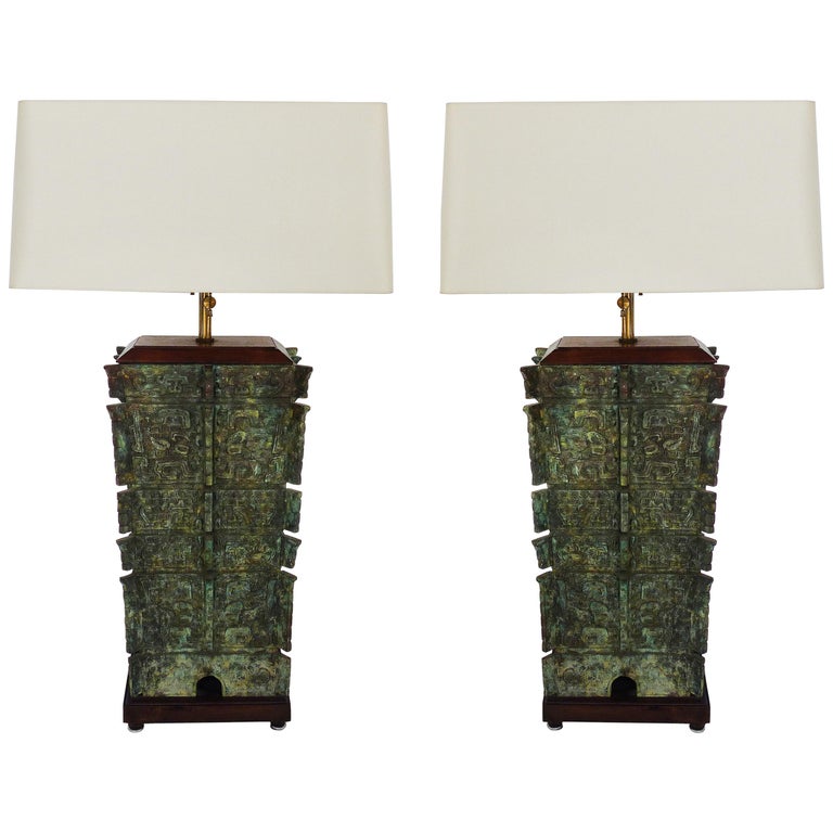 Antique Chinese Bronze Vessels Mounted, Antique Asian Table Lamps For Living Room