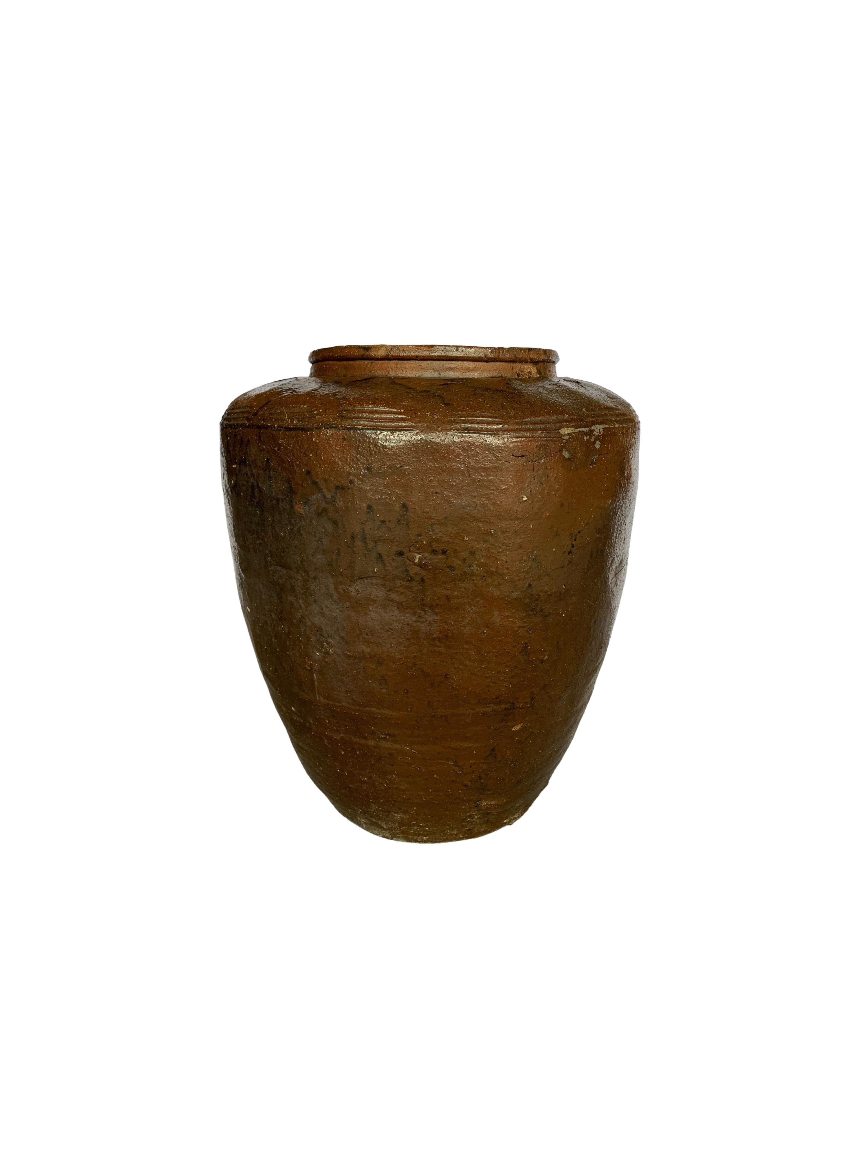 Qing Antique Chinese Brown & Black Glazed Ceramic Salty Egg Jar, c. 1900 For Sale