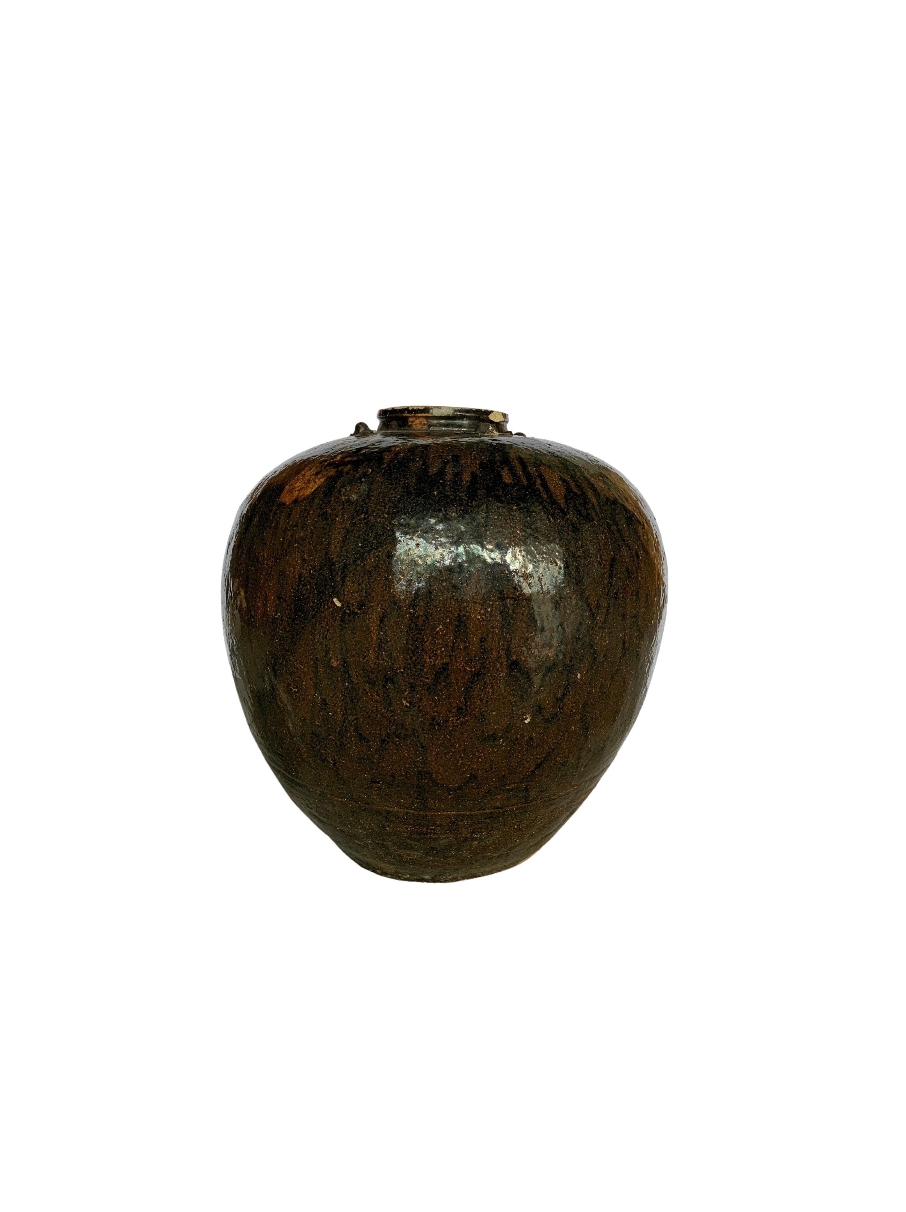 Qing Antique Chinese Brown / Black Glazed Pickling Jar, c. 1900 For Sale