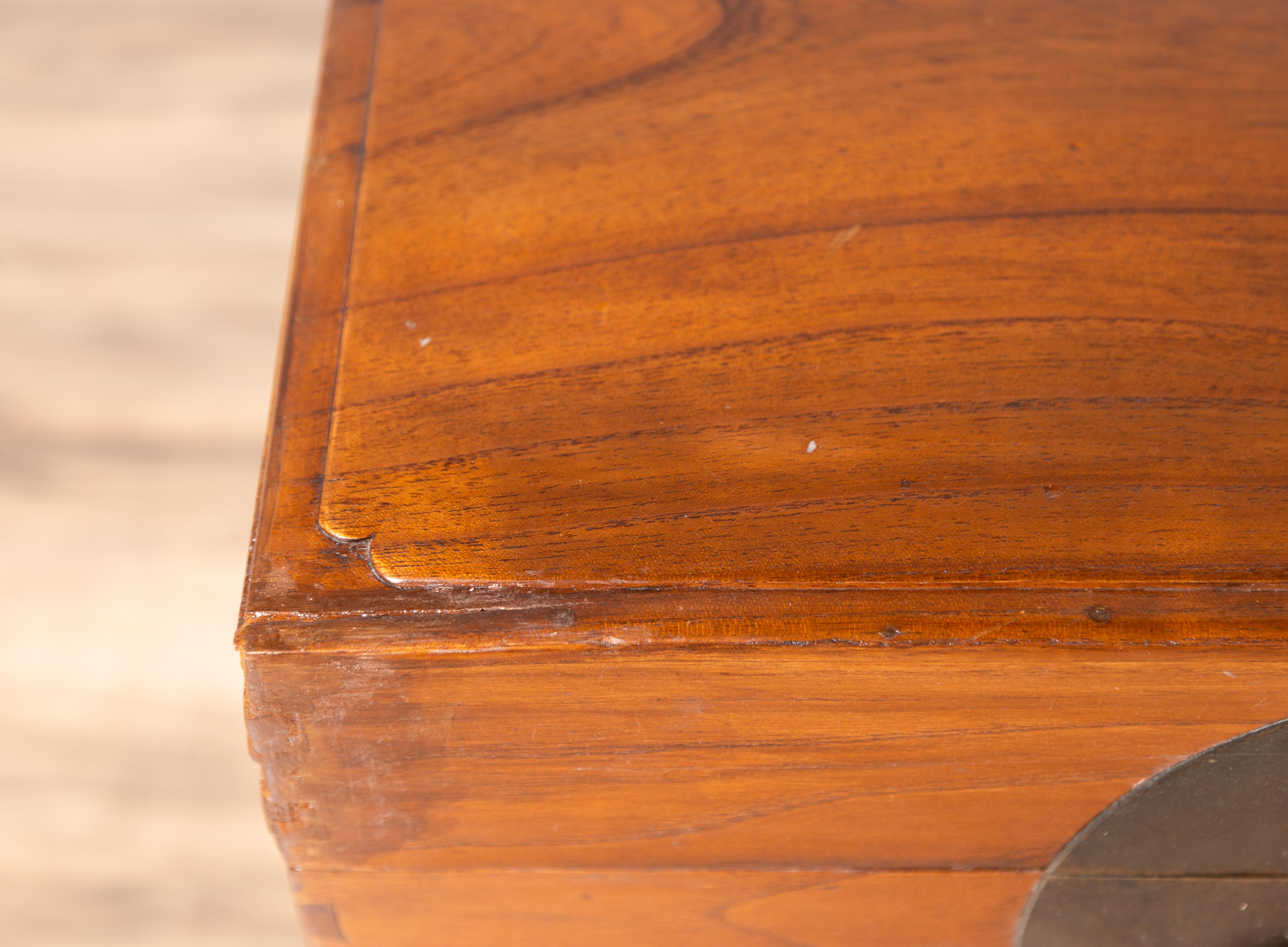 Antique Chinese Brown Elmwood Dowry Chest Decorative Box with Bronze