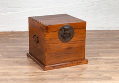 Antique Chinese Brown Elmwood Dowry Chest Decorative Box with Bronze Hardware