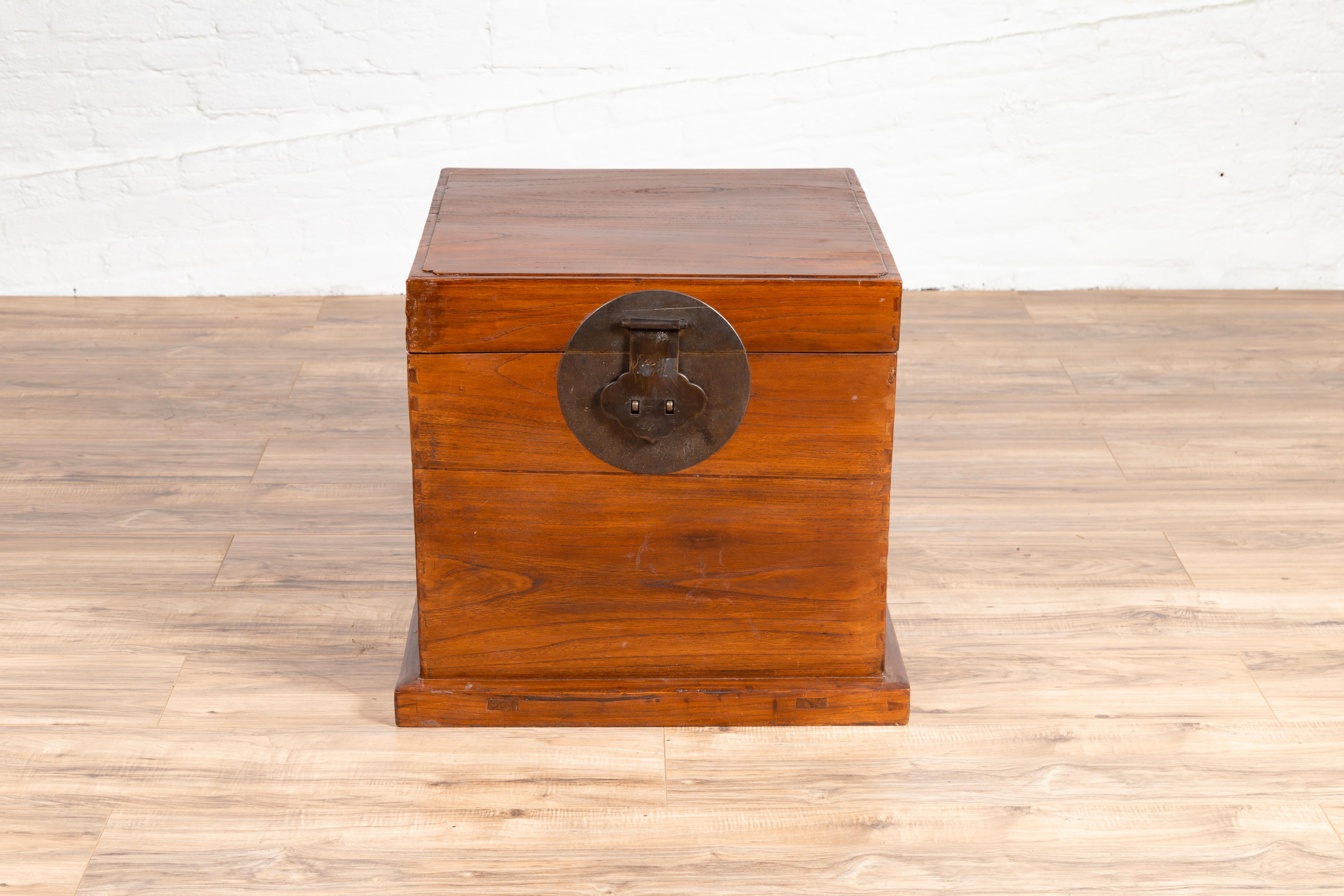 Antique Chinese Brown Elmwood Dowry Chest Decorative Box with Bronze