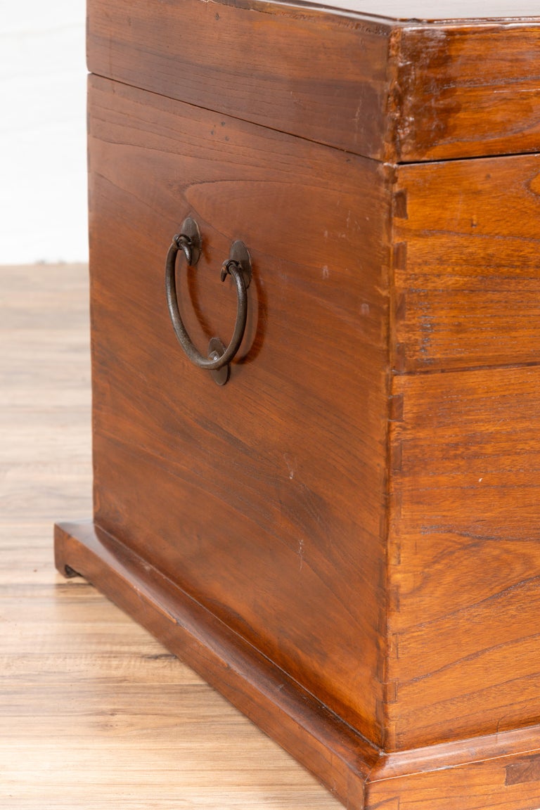 Antique Chinese Brown Elmwood Dowry Chest Decorative Box with Bronze