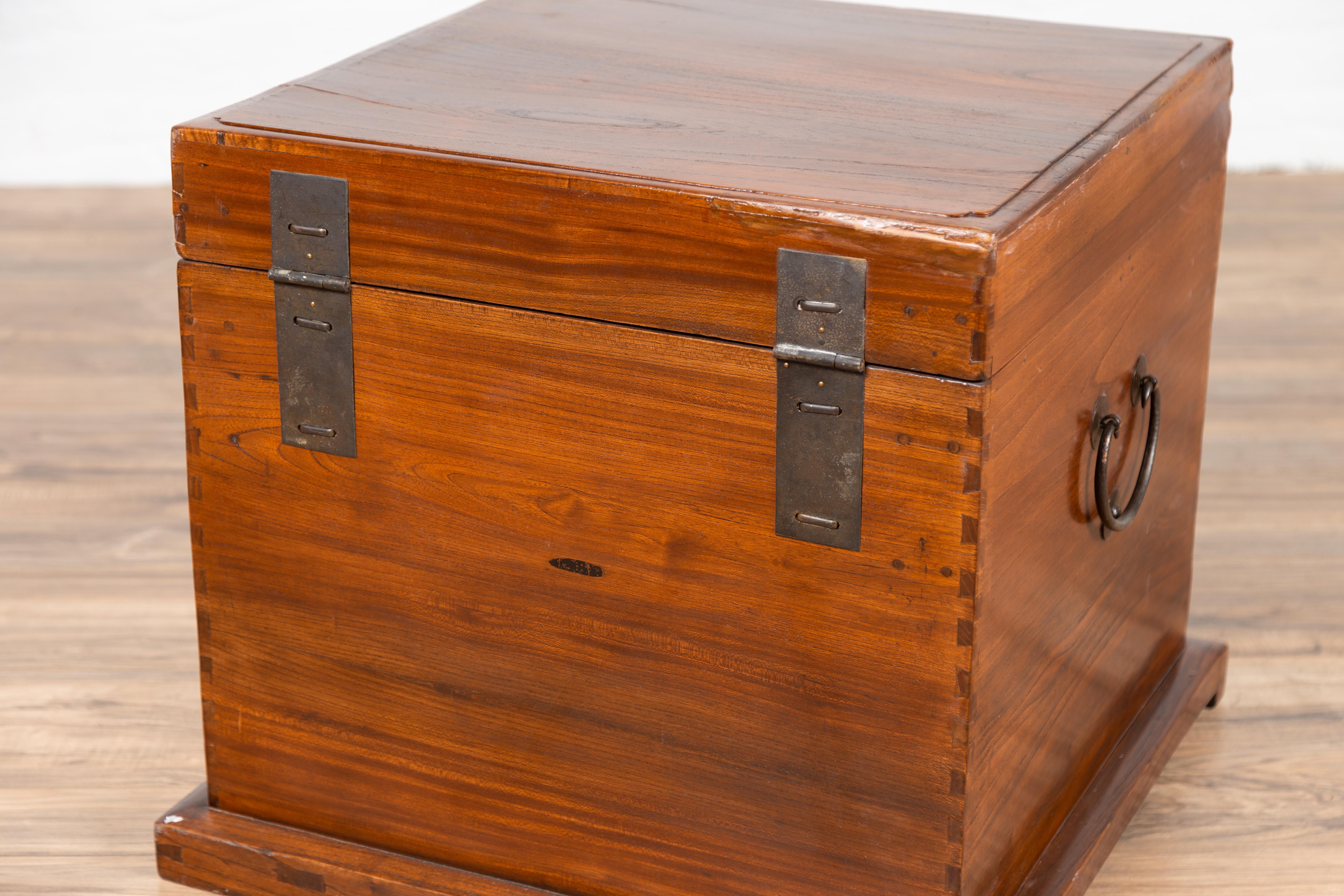 Antique Chinese Brown Elmwood Dowry Chest Decorative Box with Bronze