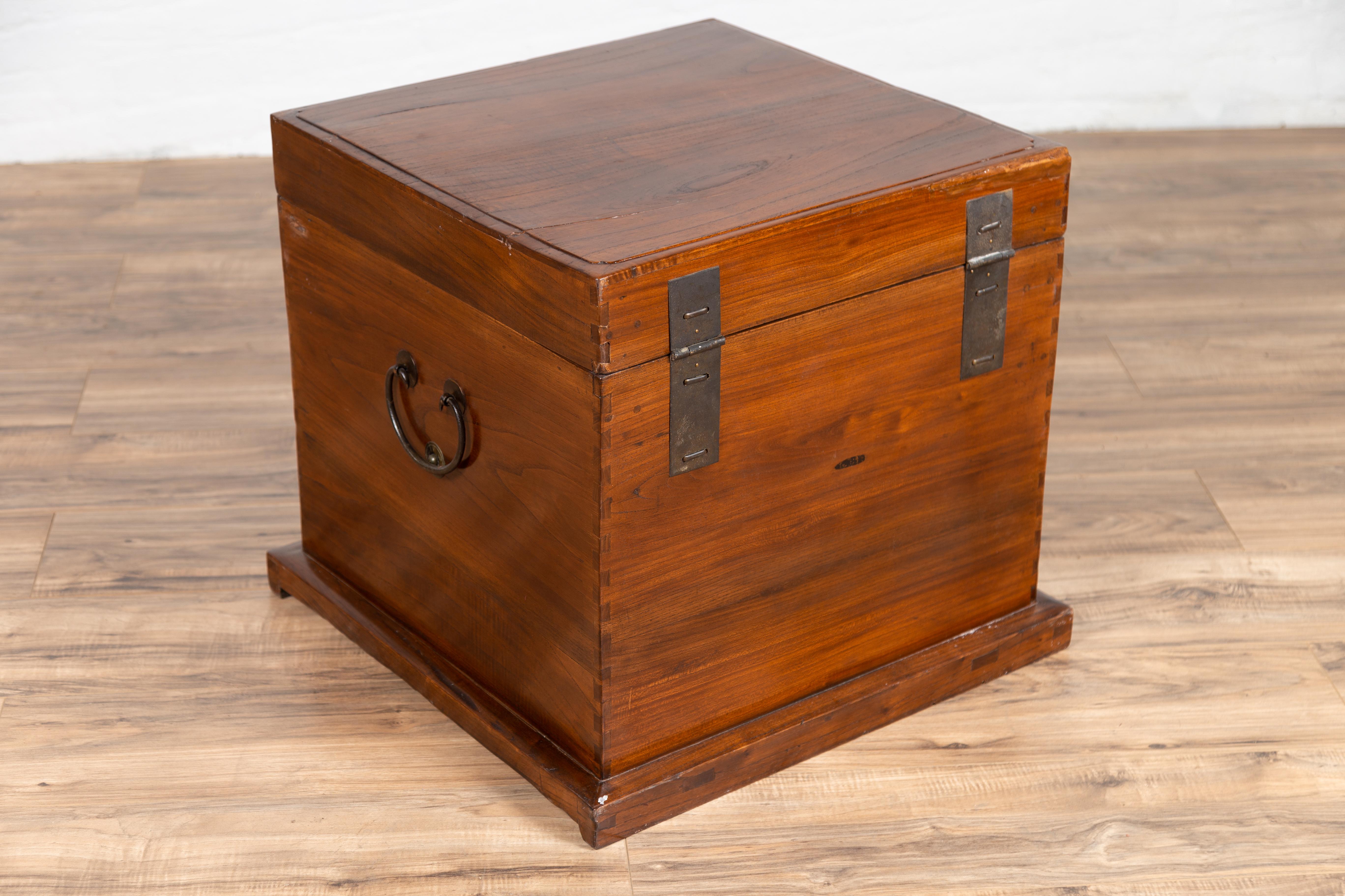 Antique Chinese Brown Elmwood Dowry Chest Decorative Box with Bronze