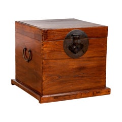 Antique Chinese Brown Elmwood Dowry Chest Decorative Box with Bronze Hardware